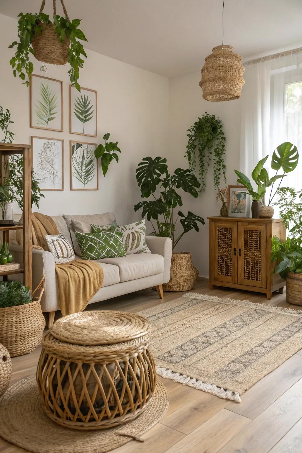 A living area embracing a nature-inspired aesthetic, in harmonious dialogue with the light wooden floors and abundant greenery.