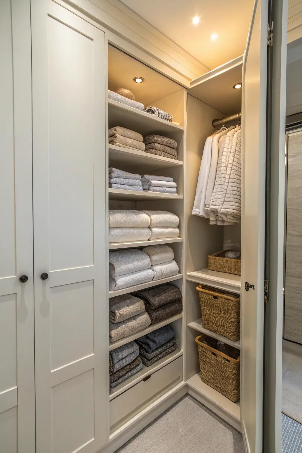 Sliding shelves simplify accessing items stored in the back.