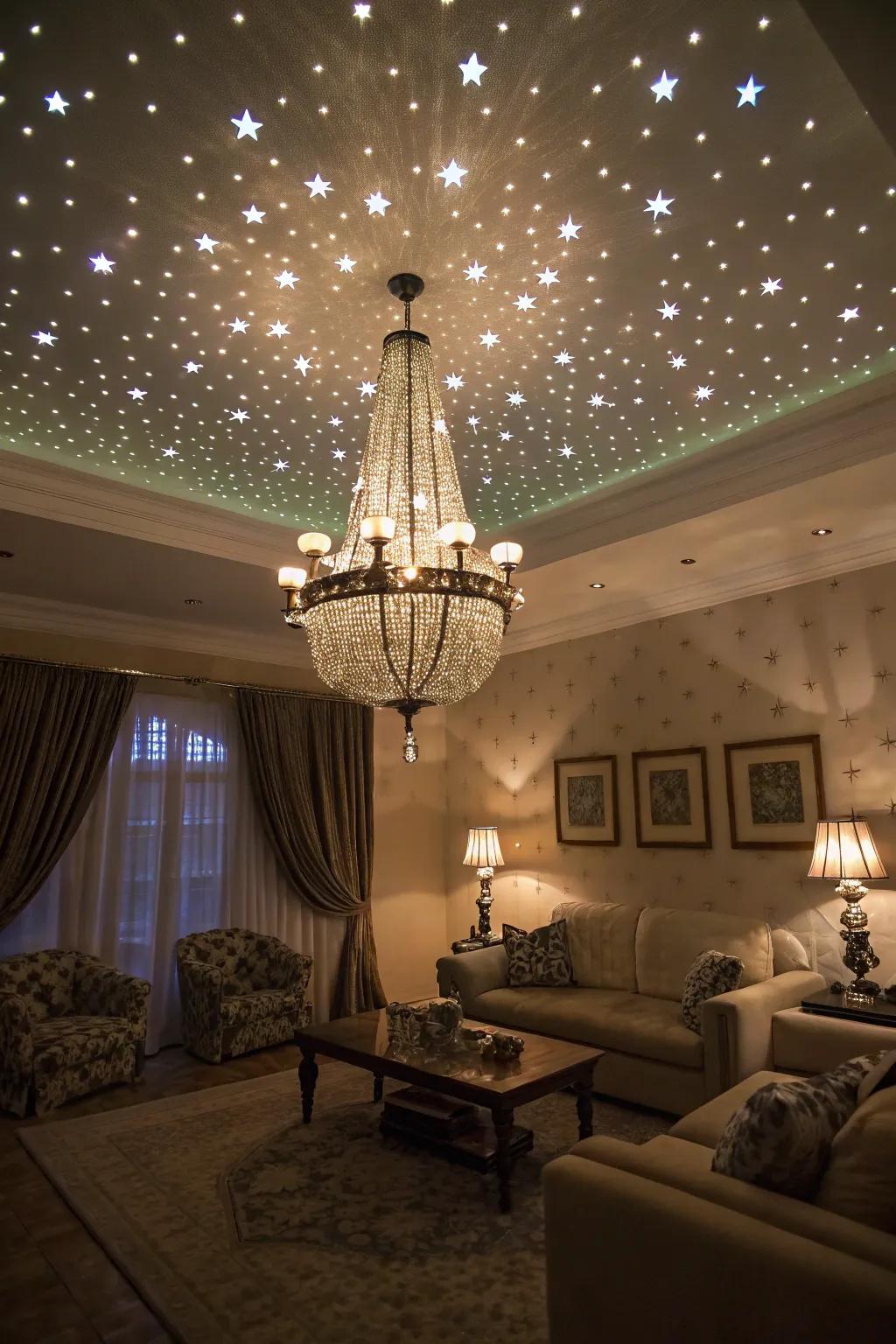 Heavenly chandeliers captivate with a star-filled effect.