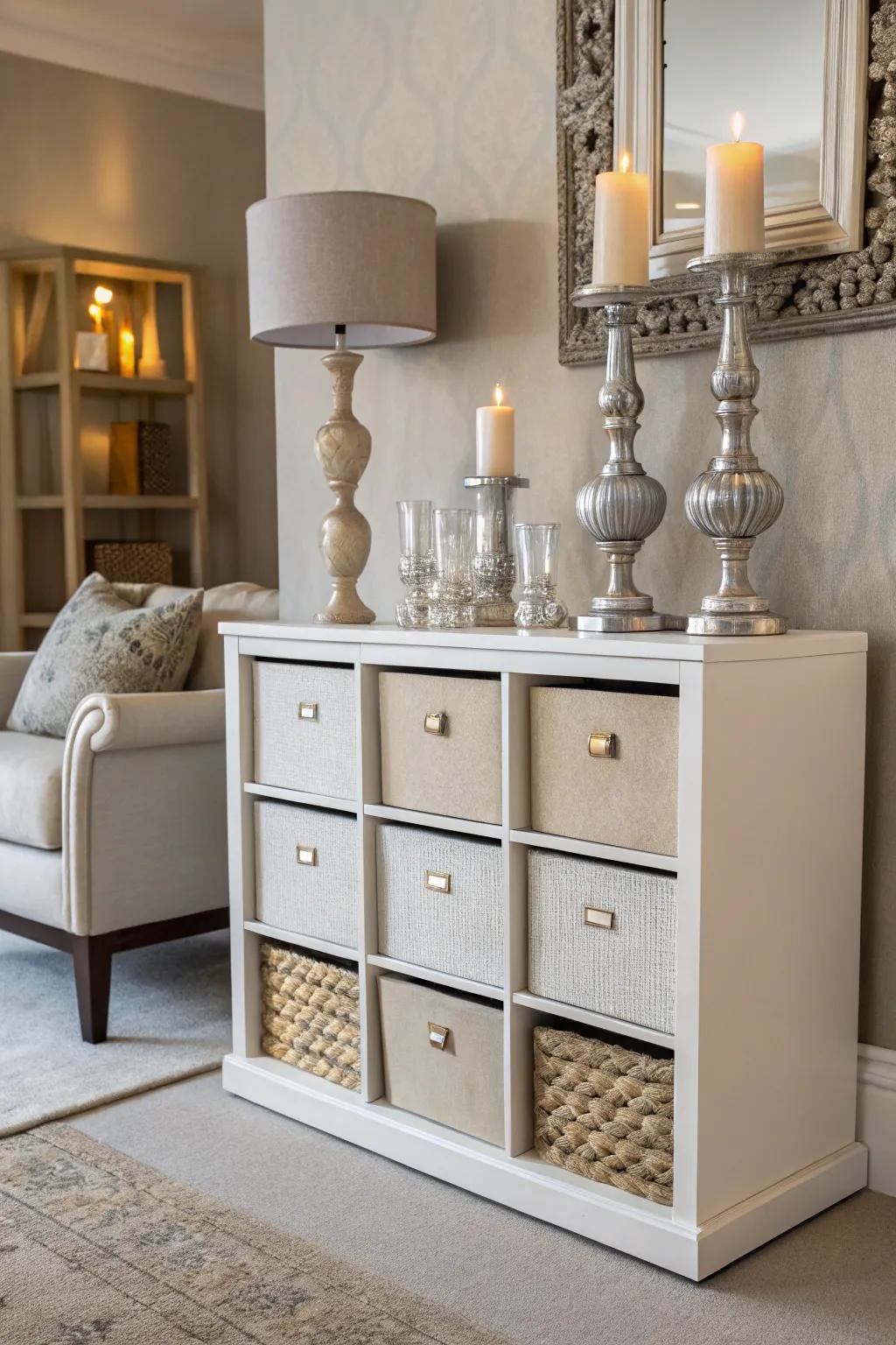 Elegant accents placed on cube storage contribute a dash of sophistication.