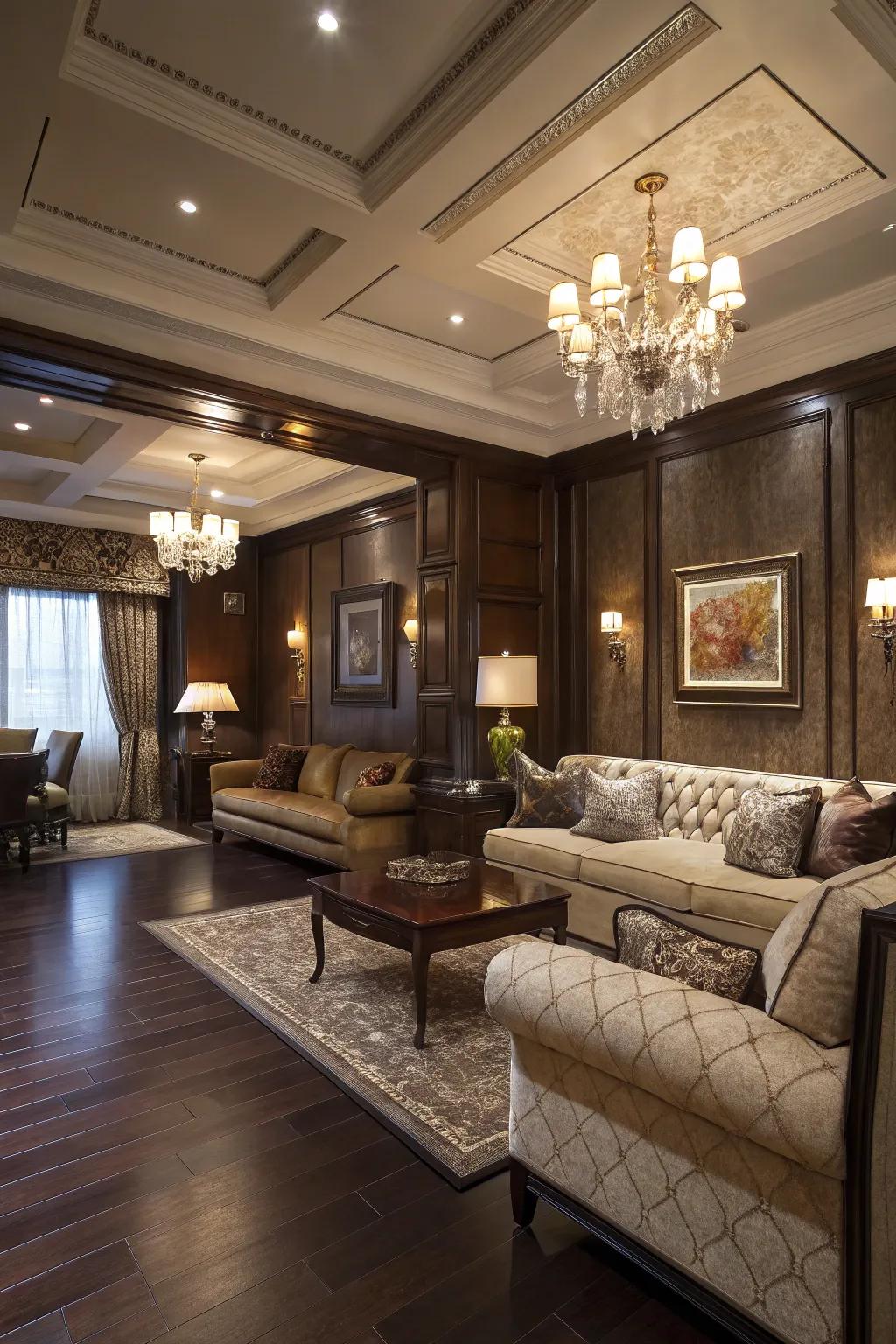 Deep wood shades infuse drama and depth into your living room's design.