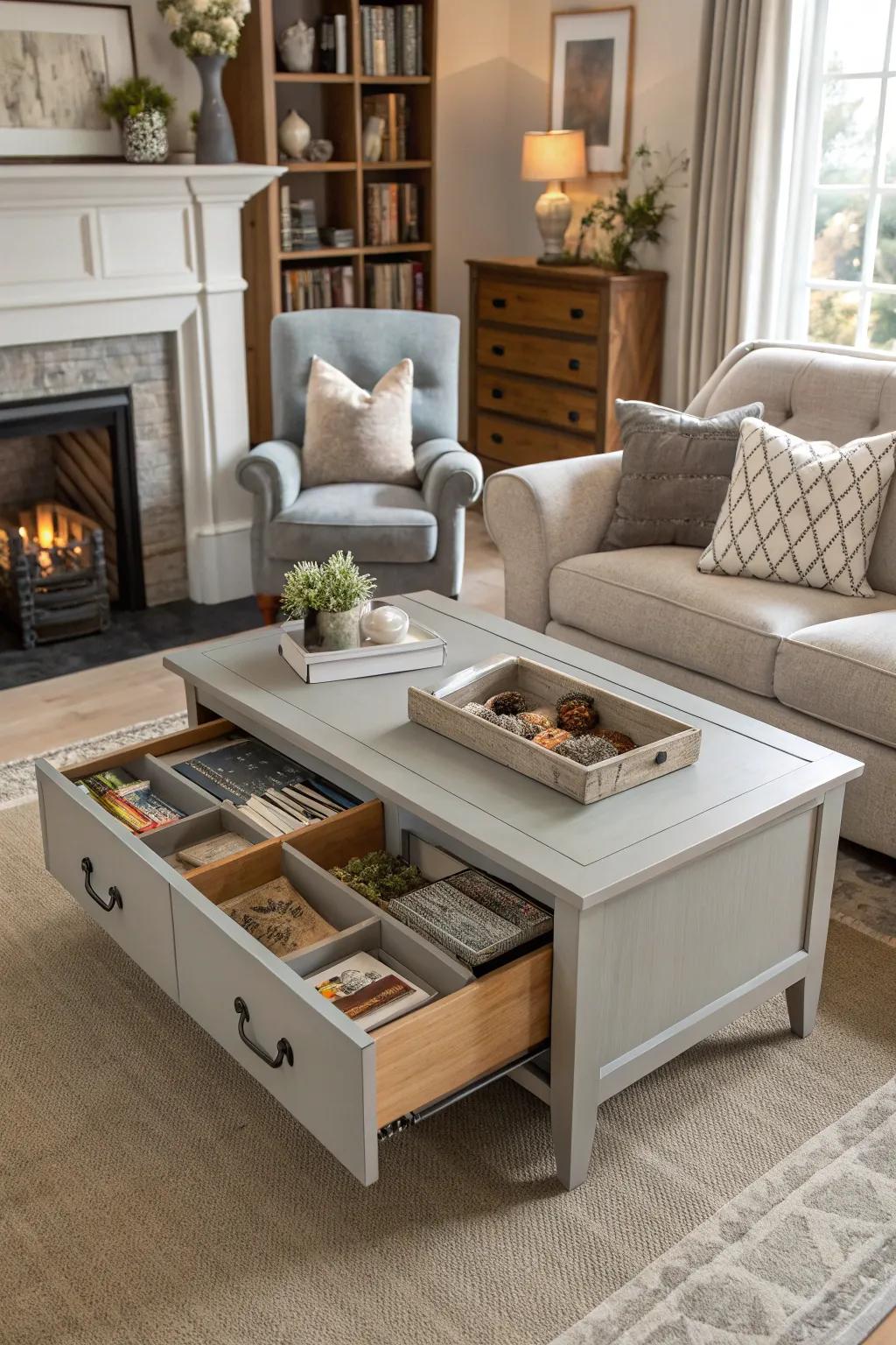 A functional center table as the centerpiece.