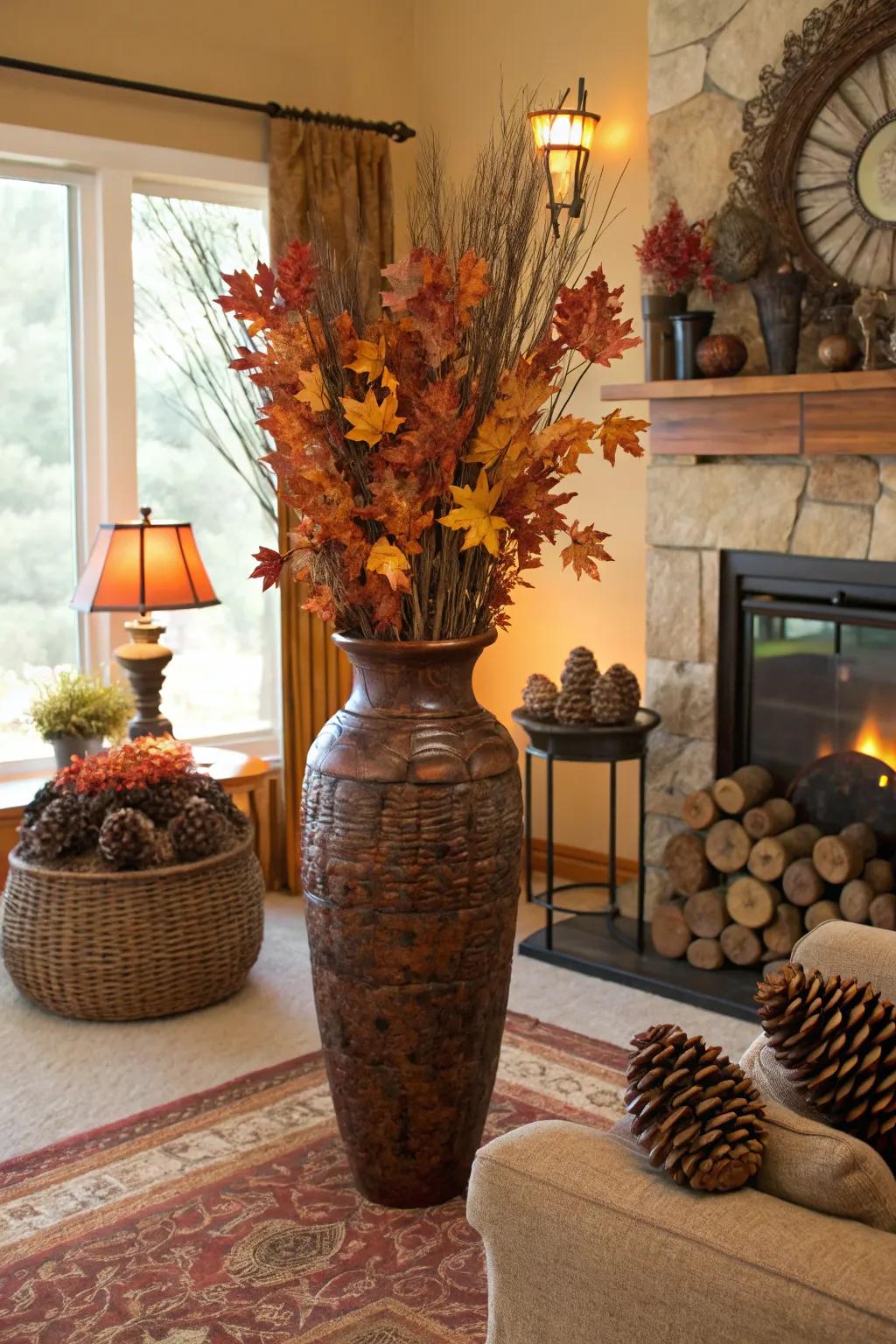 Seasonal elements like pinecones and leaves infuse your living area with the charm of fall.