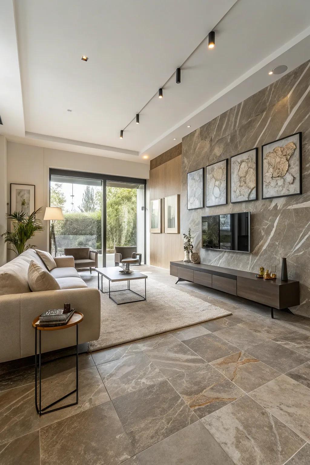 Contemporary family room with stone-style porcelain tiling.