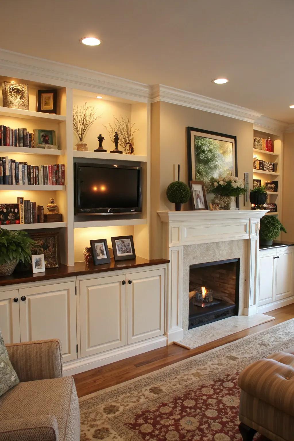 Fitted storage units provide storage and a refined look.