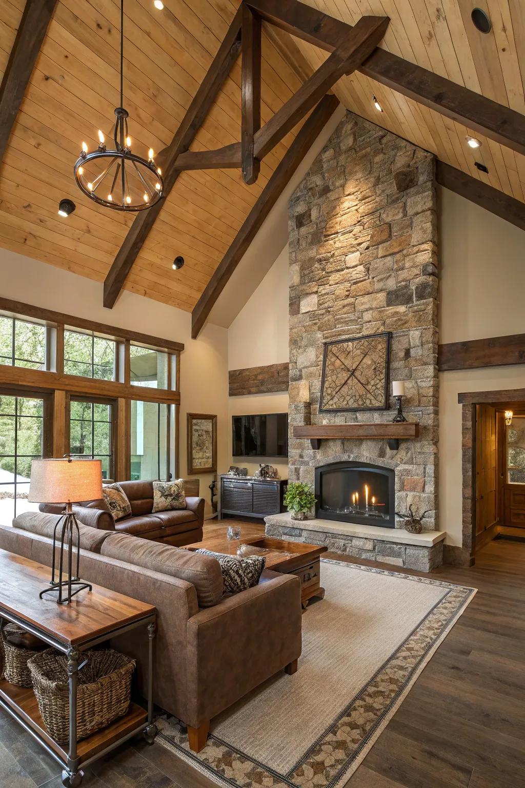 Mixed textures add depth to a high ceiling.