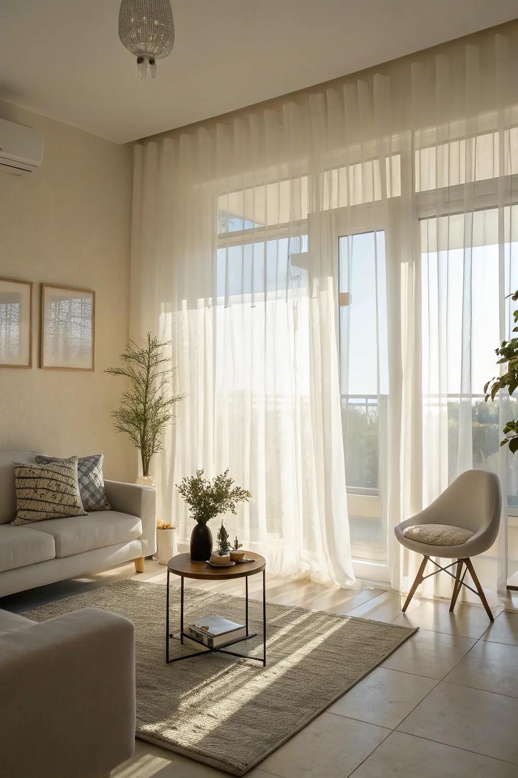 Airy drapes fabricating a delicate, welcoming radiance in the living space.