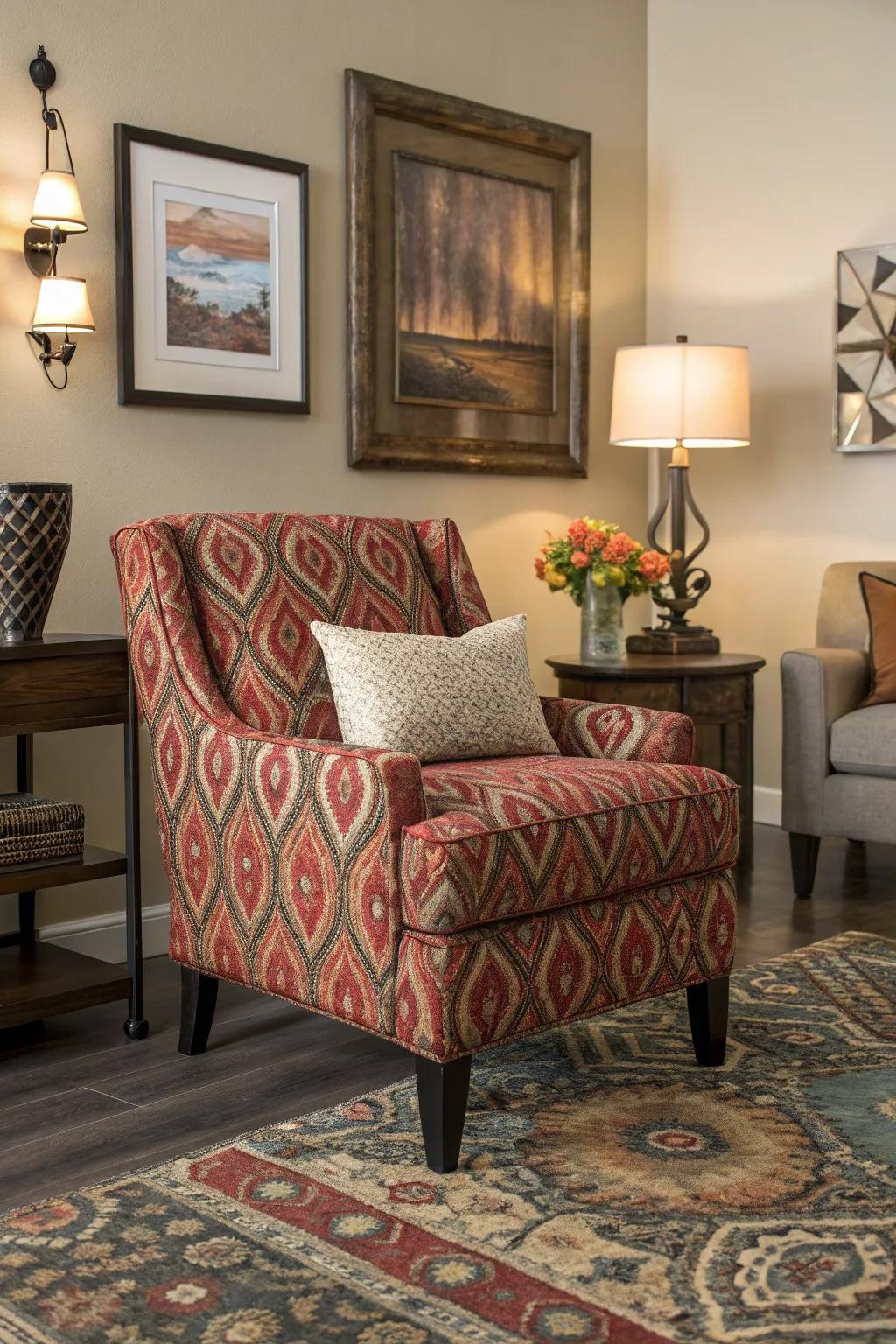 Patterned chairs can enliven any area.
