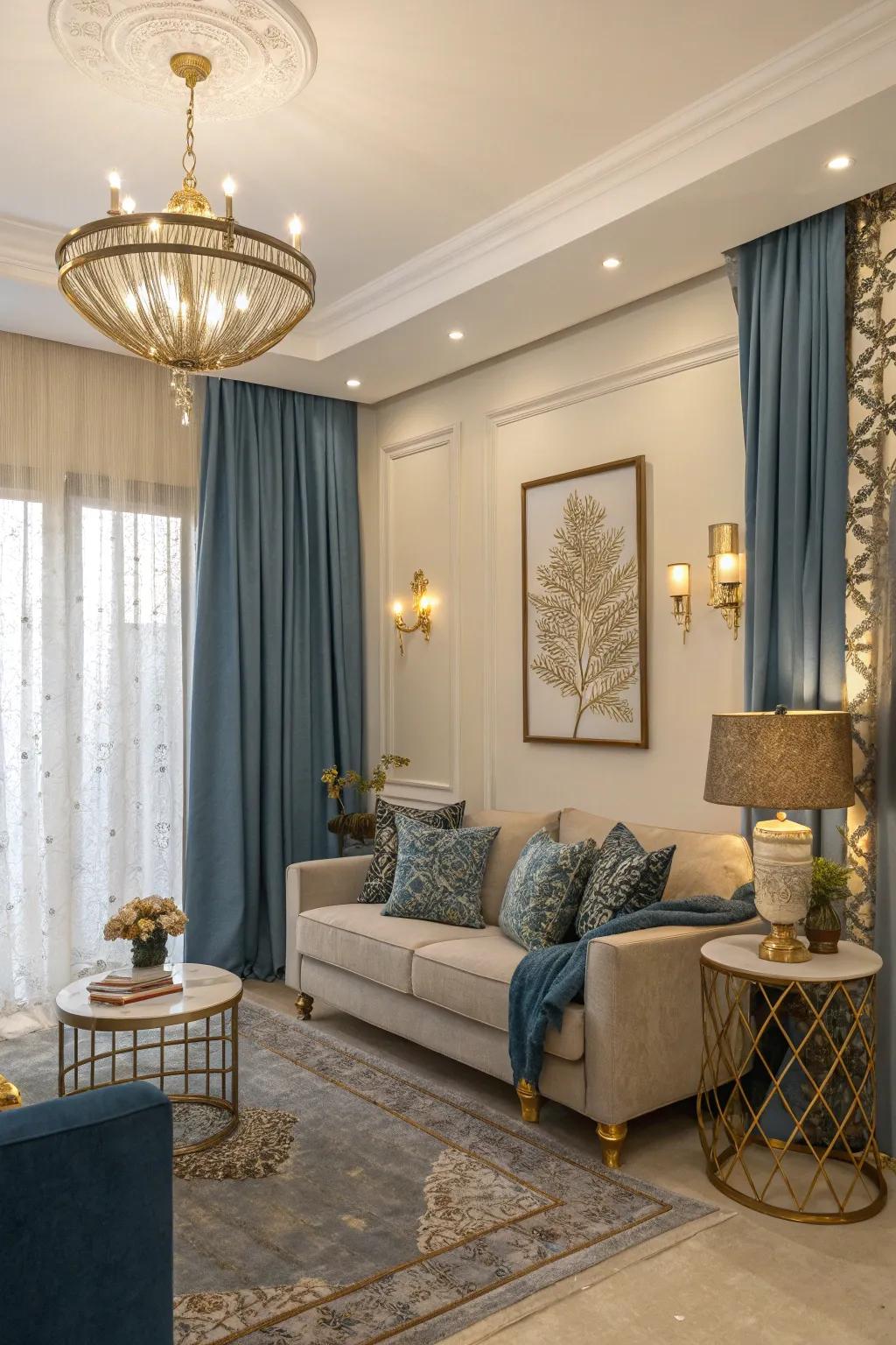 Metallic accents, such as gold, elevate the elegance of blue curtains, adding a luxurious touch to the room.