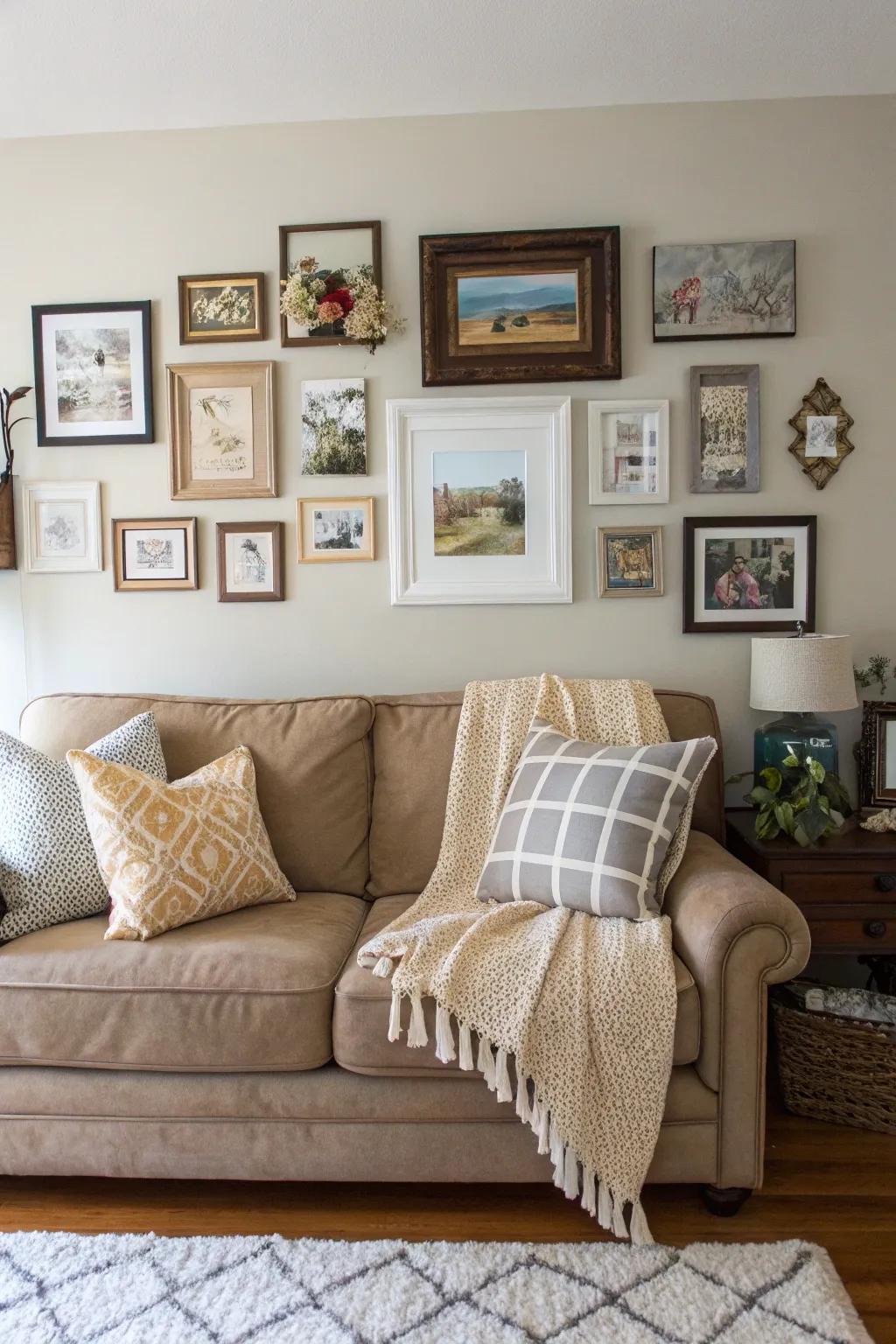Art and wall decorations above the couch can serve as an engaging center of attention in your living room.