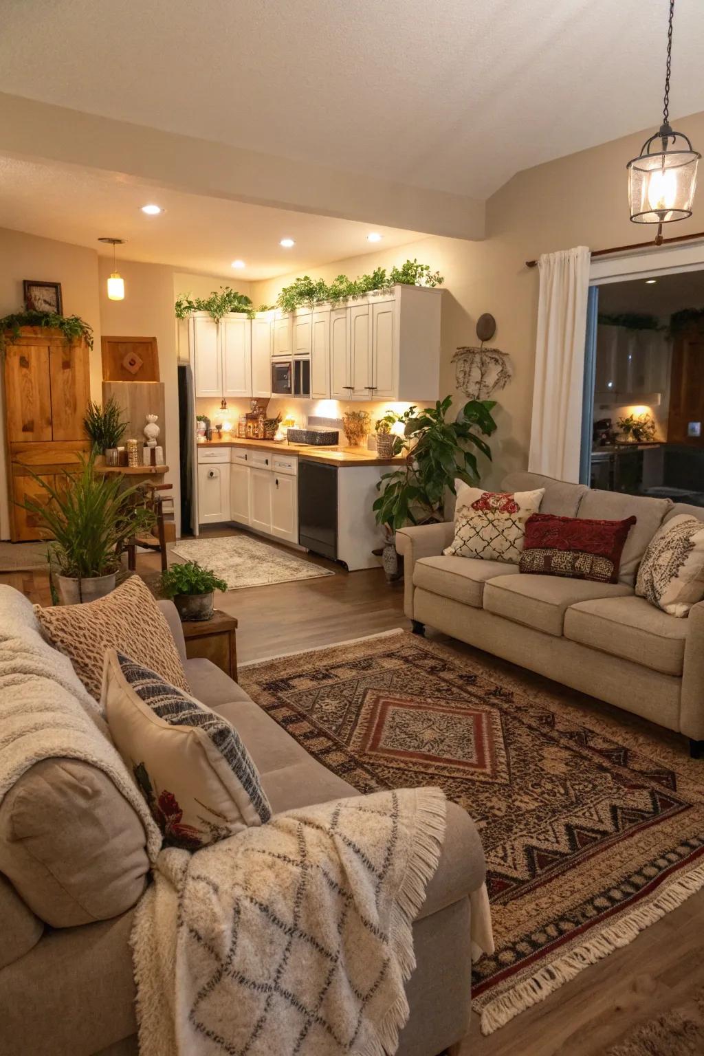 Comforting accents like floor coverings and pillows fashion a warm ambiance.