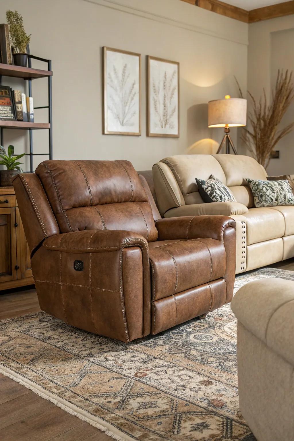A textured living room showcasing a leather recliner and fabric sofas.