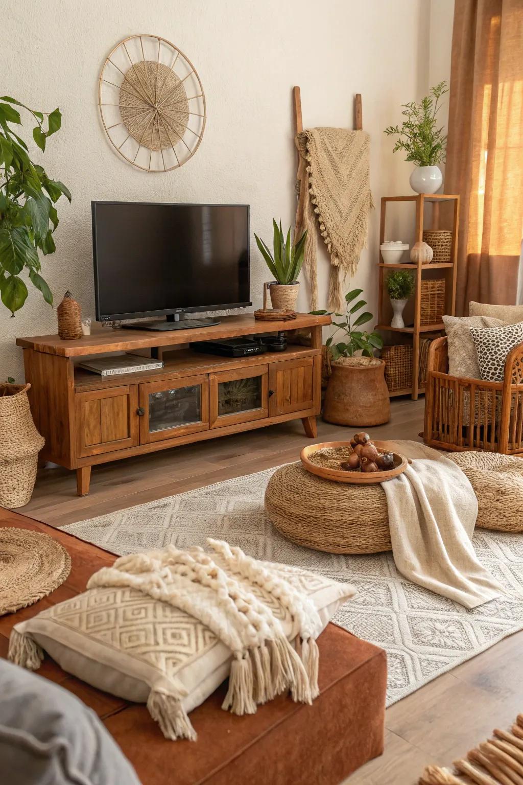 Organic shades and materials create a cozy and inviting TV area.