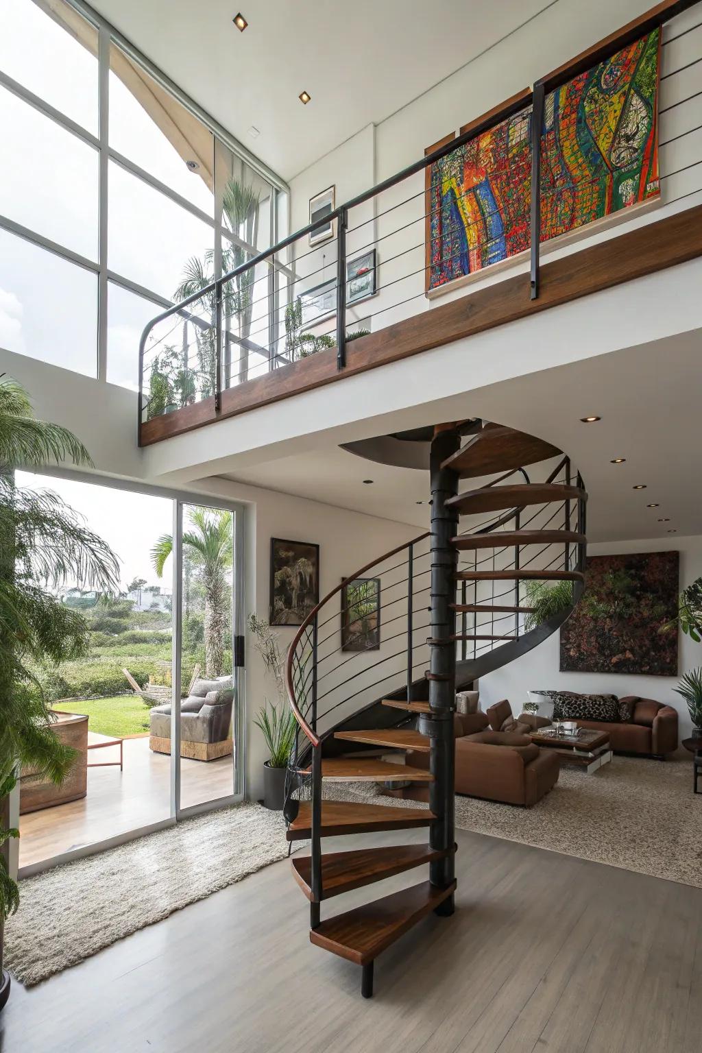 A beautiful spiral staircase for going up to the loft.