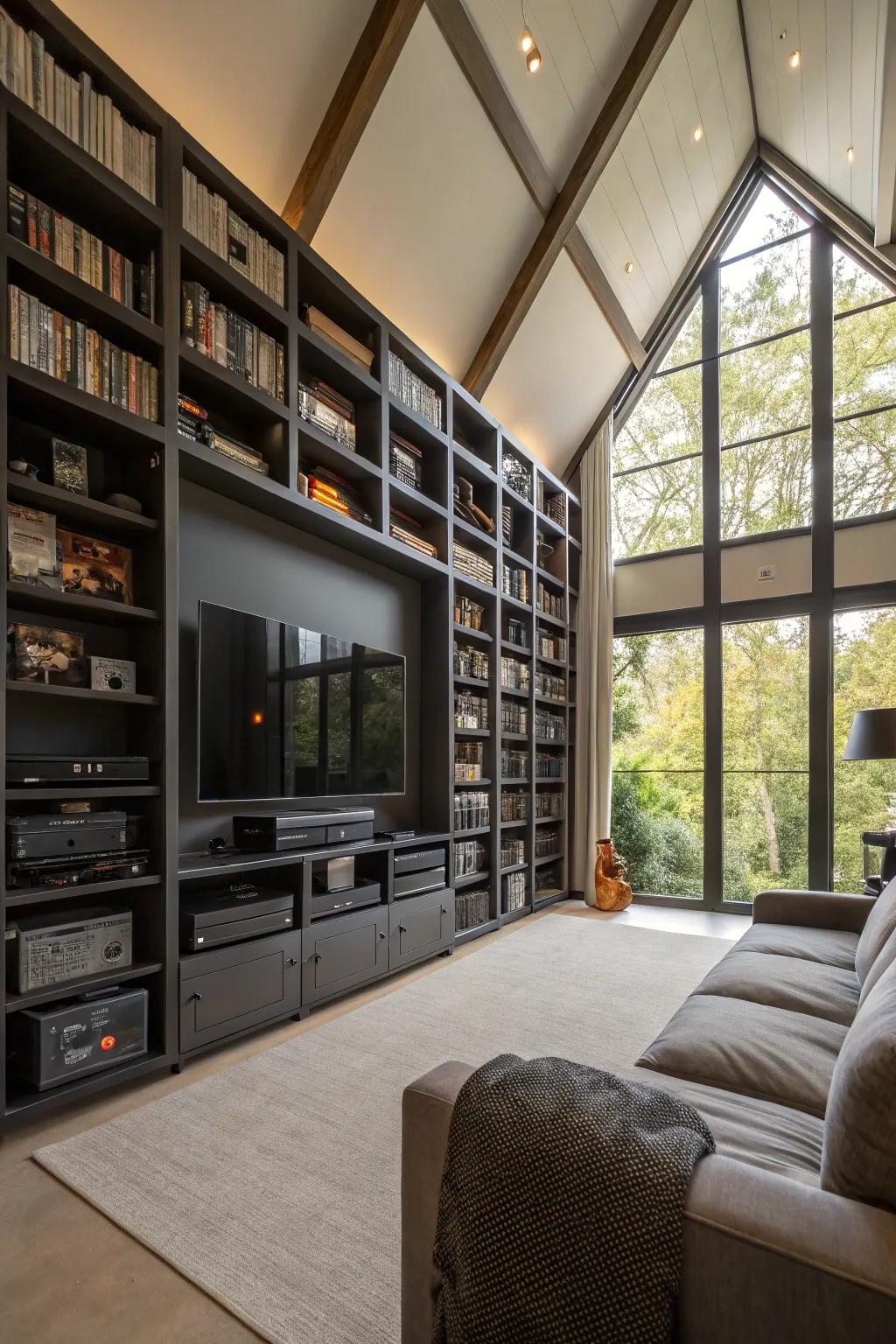 Wall storage makes the most of space in a loft media room.