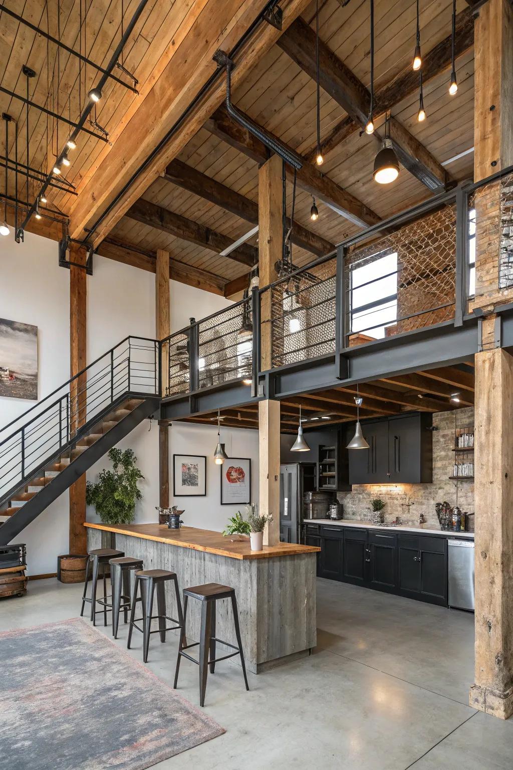 A loft beautifully blending industrial chic with rustic appeal.