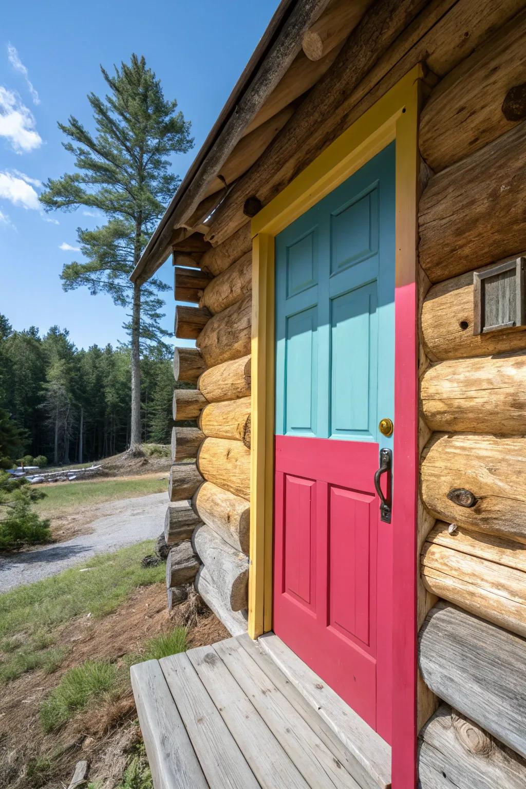 A vibrant coated log cabin doorway standing out against the timber.