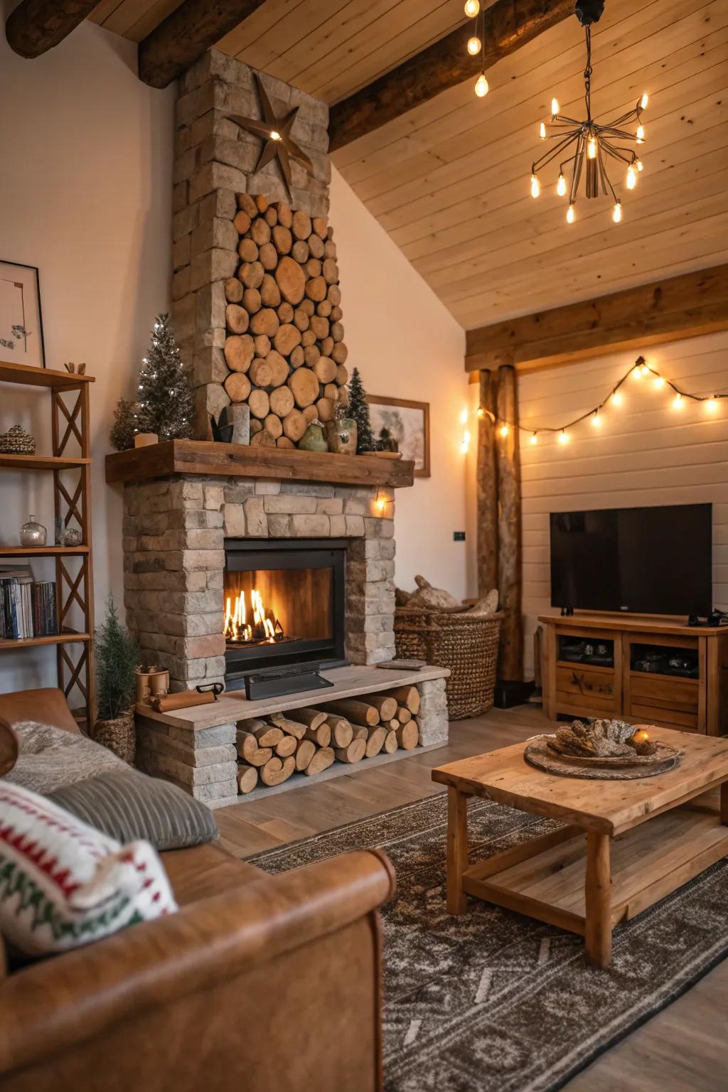 Logs enriching the inviting atmosphere around a fireplace.