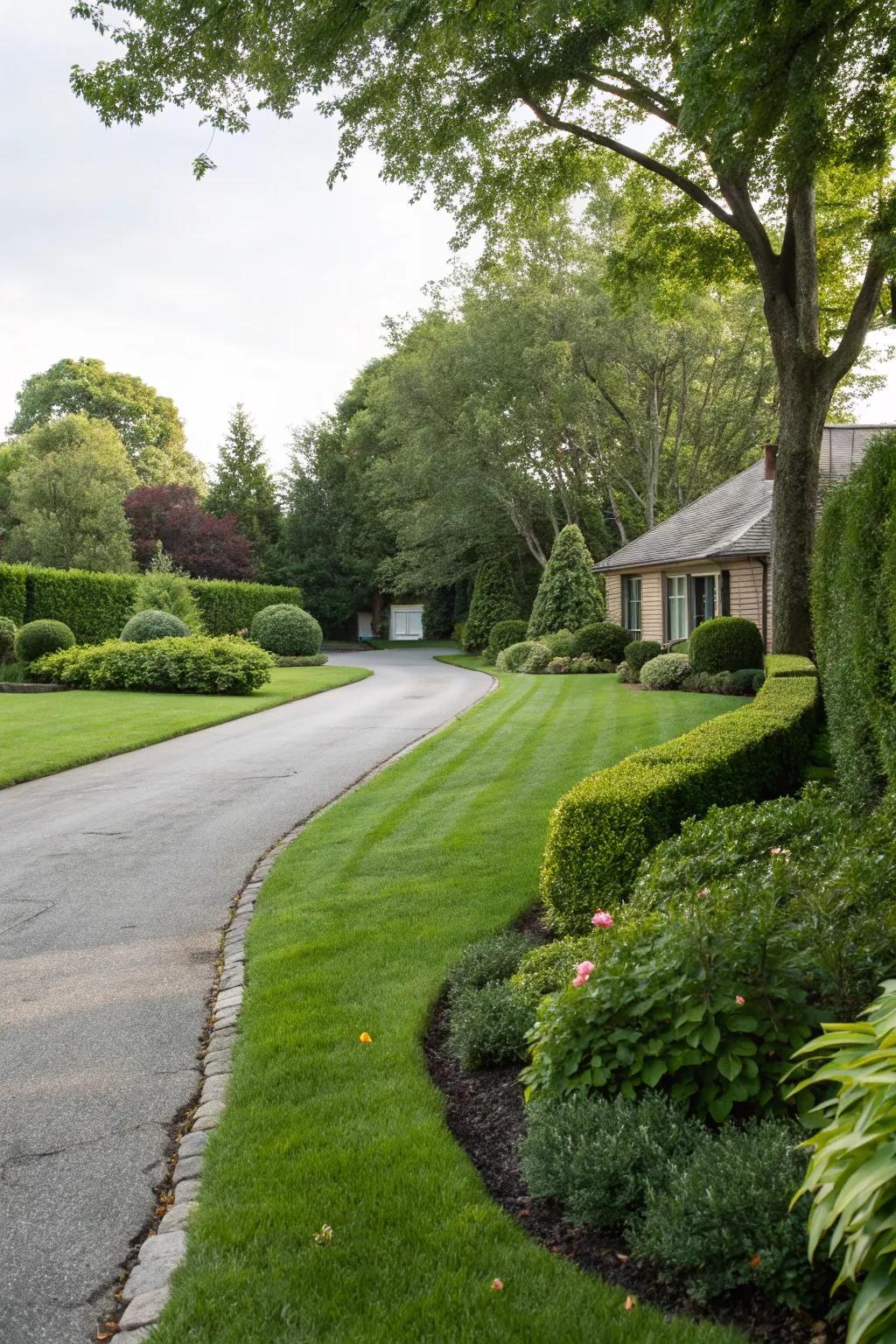 A rich lawn creates a verdant, welcoming driveway.