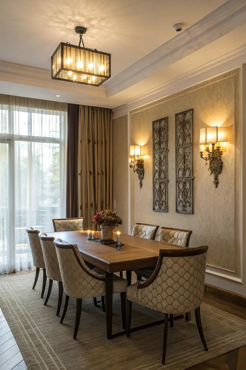 Decorative wall sconces enhancing a dining space.