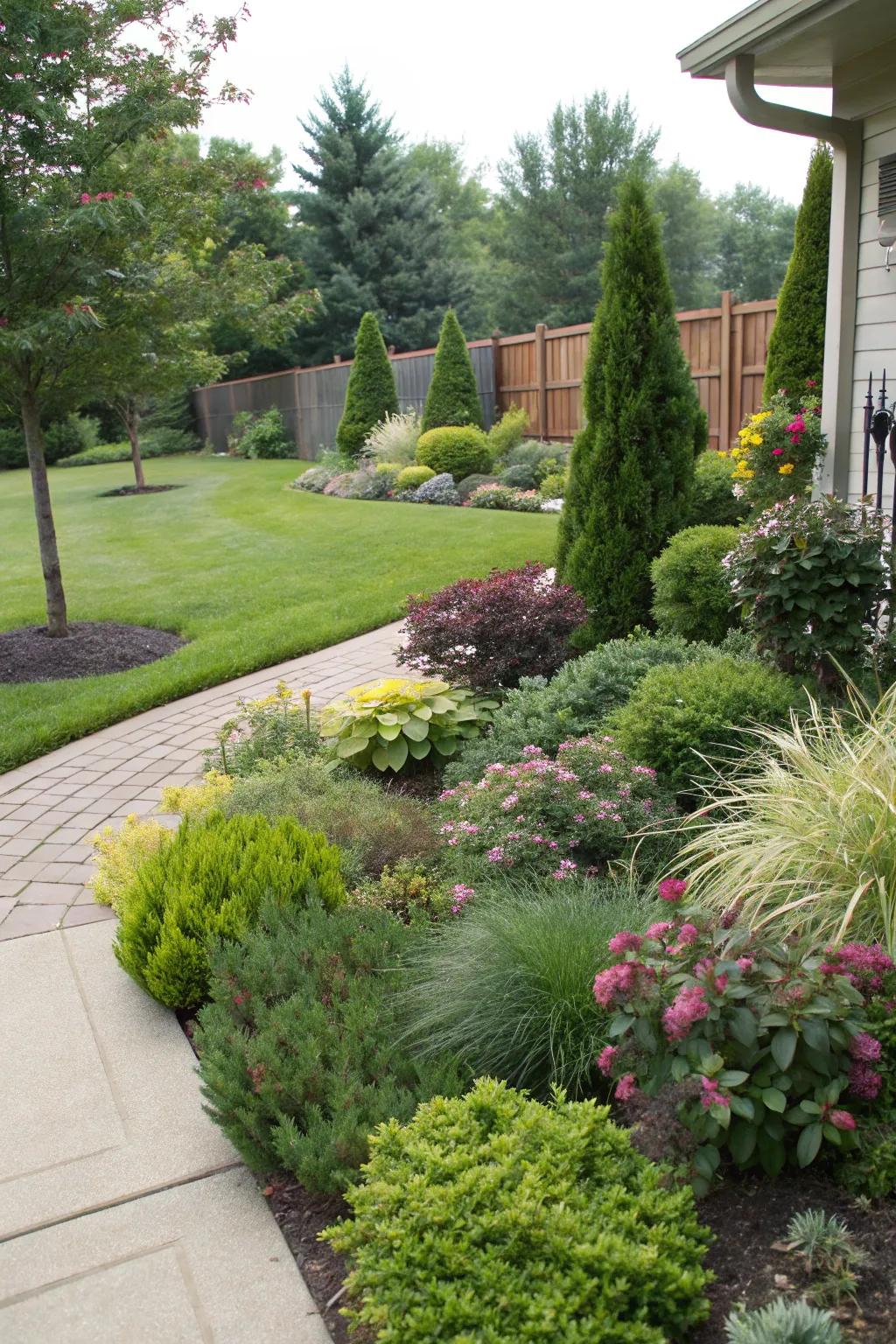 Arranging plants in layers creates depth and interest in a front yard.