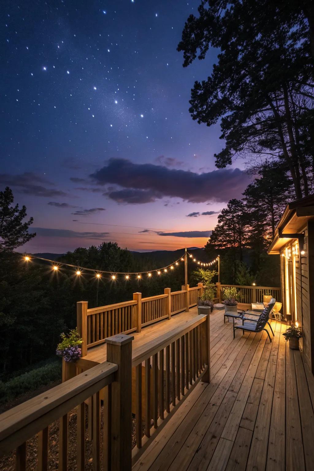 An elevated deck illuminated with ambient outdoor illumination at twilight.