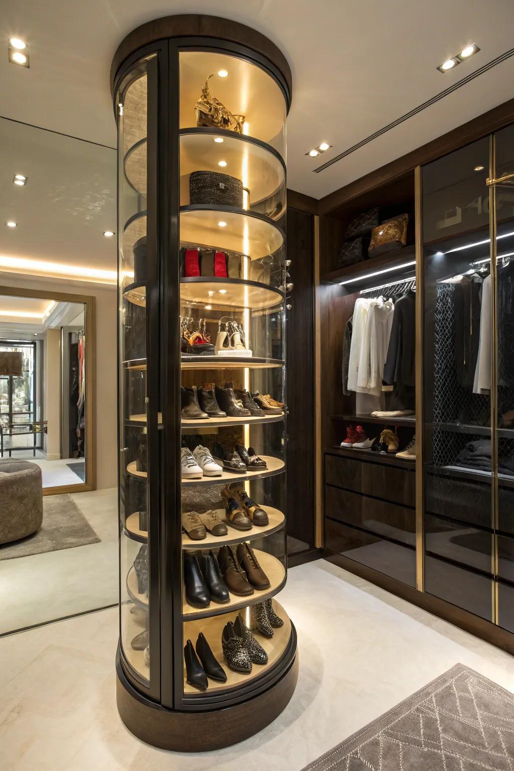 An innovative rotating shoe display for effortless access.