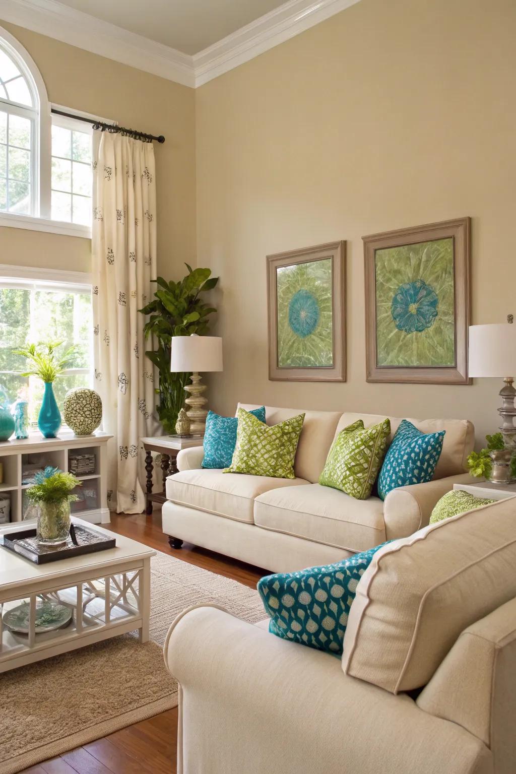 A soft color scheme with strong accents creates a sophisticated setting.