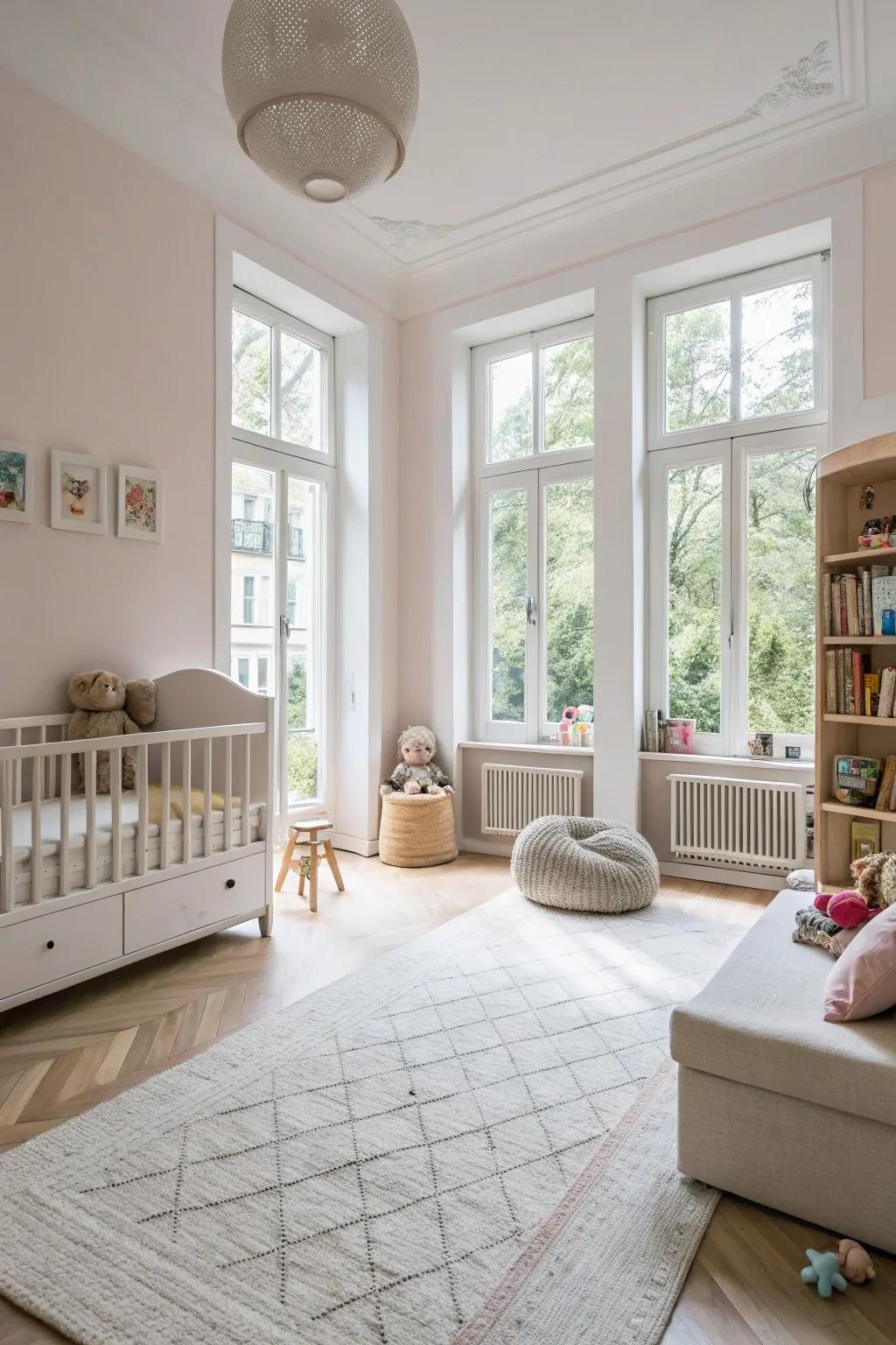 A nursery designed with an open space, making it feel open and peaceful.