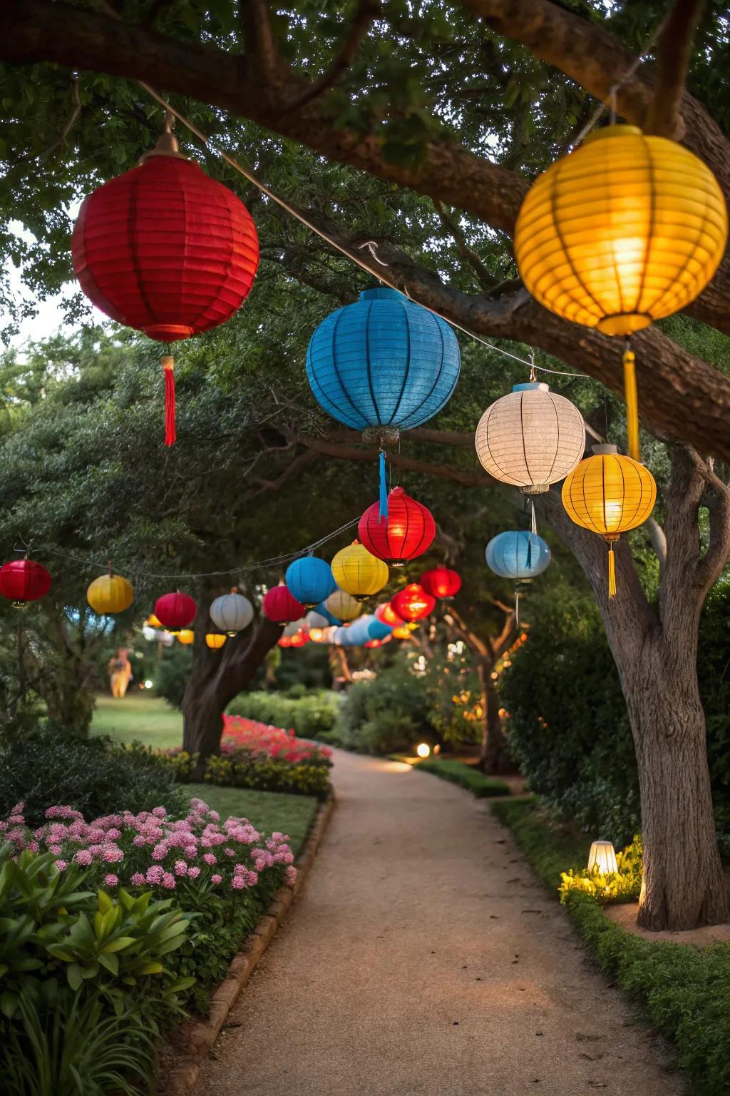 Vibrant lanterns suspended from trees, introducing vibrant charm to the celebration.