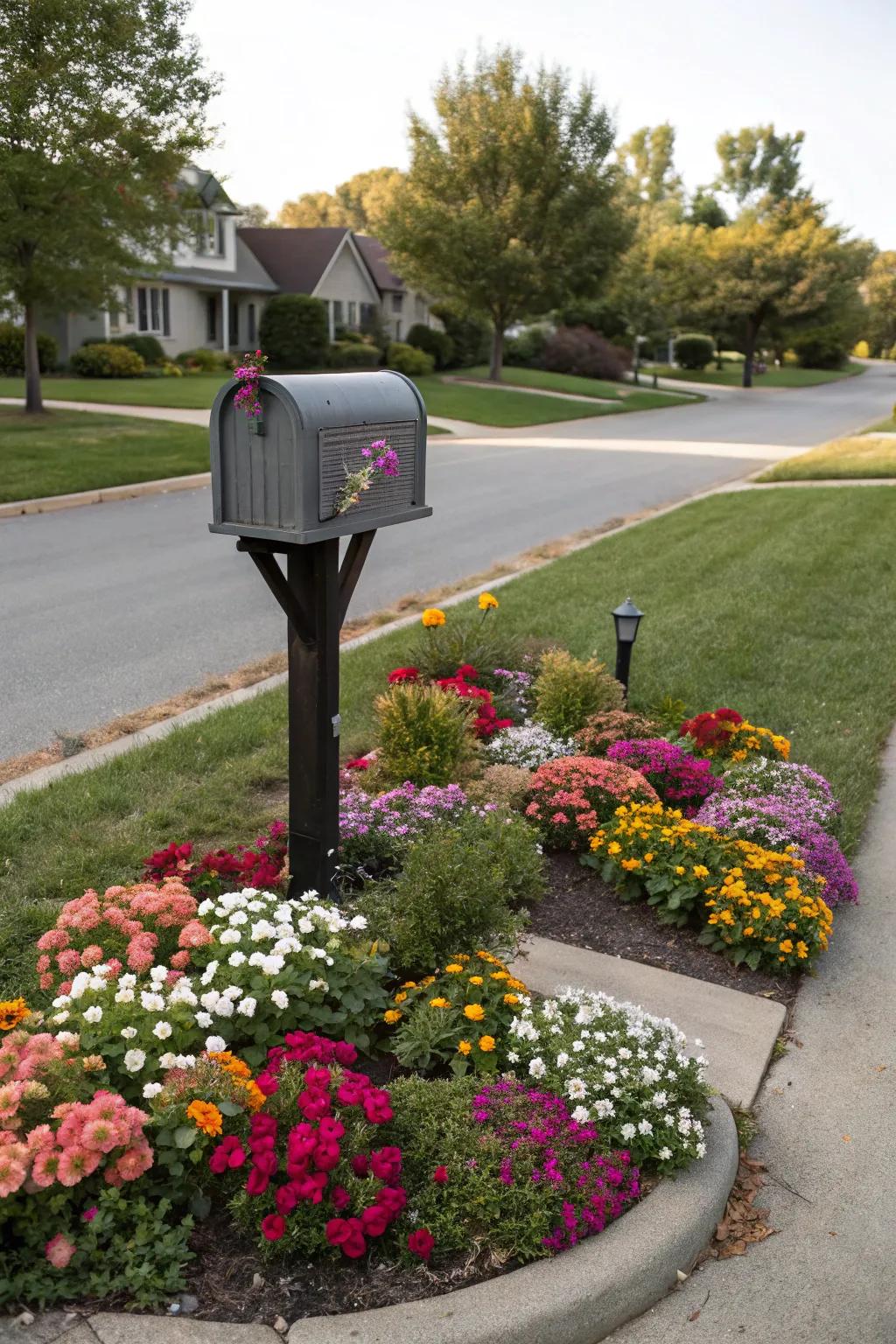 Coordinating flower colors with the mailbox produces a unified appearance.
