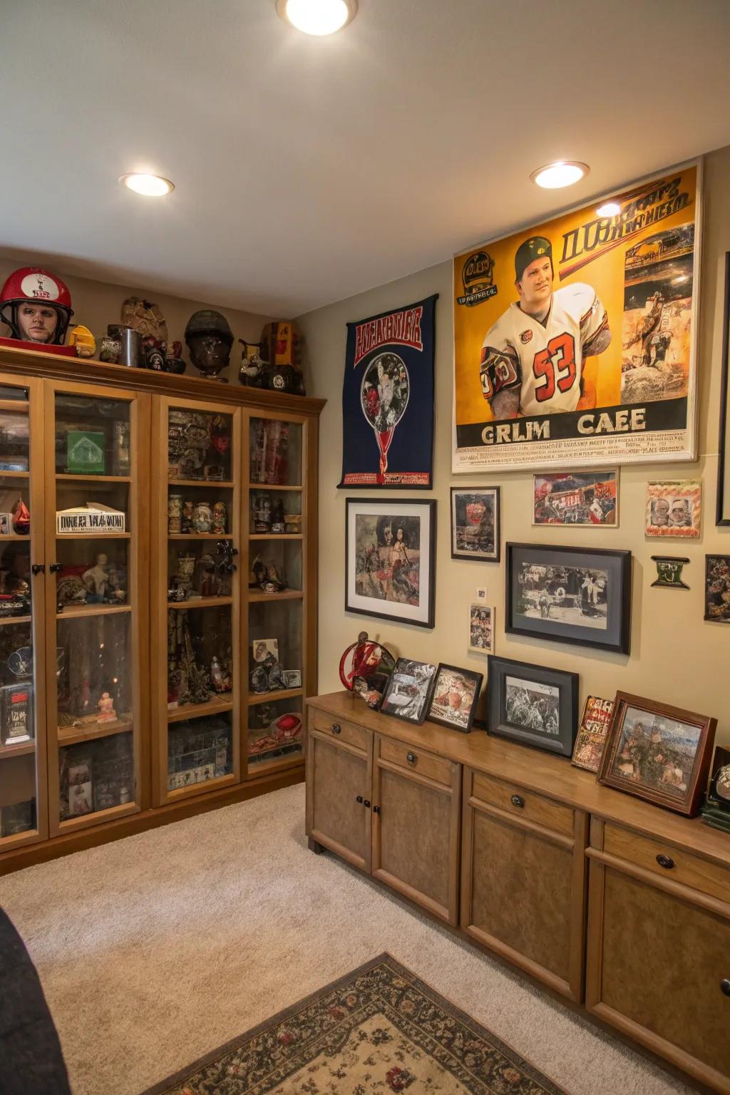 Artwork and keepsake display highlighting personal interests.