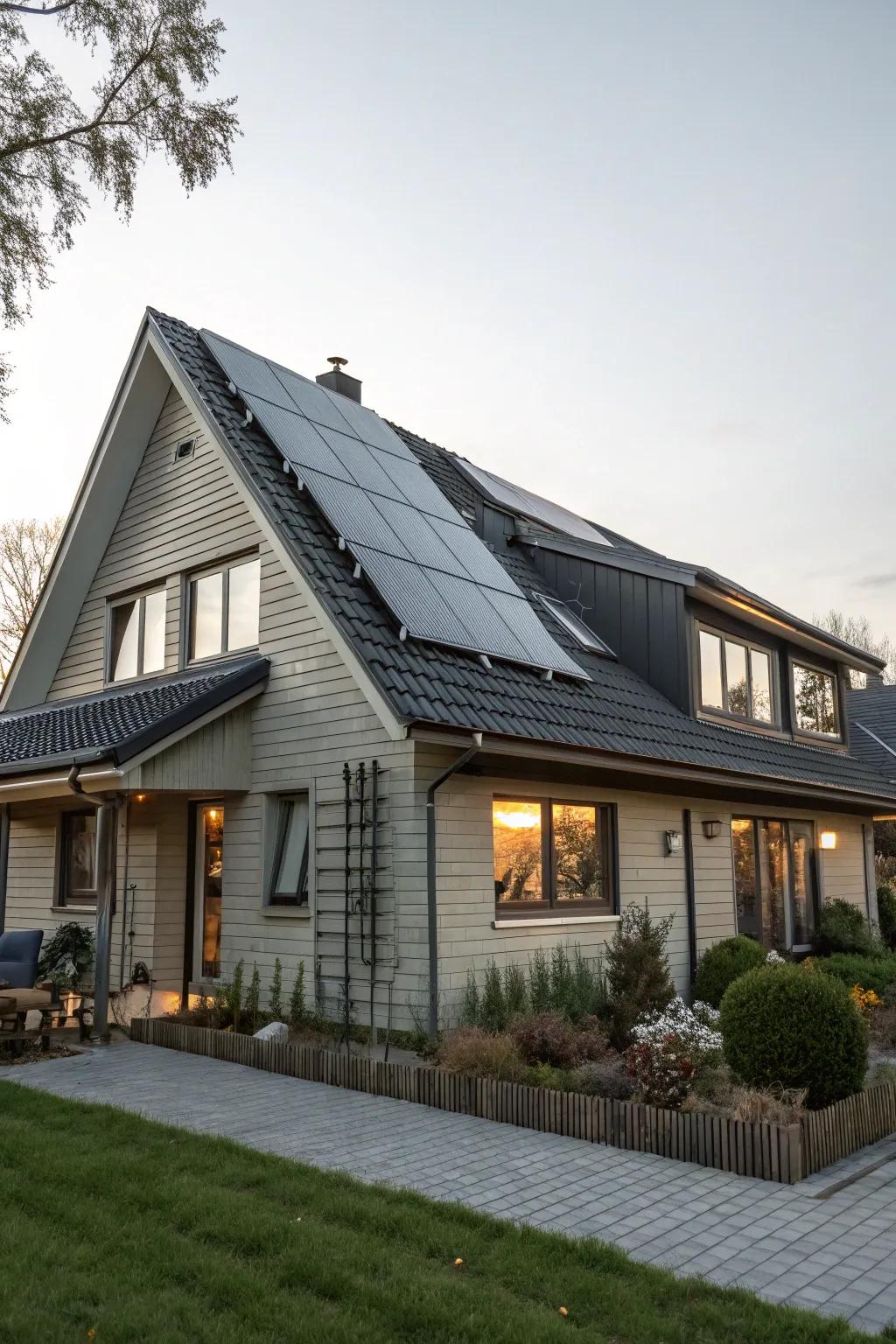 Solar panels on this mansard roof provide a sustainable solution.