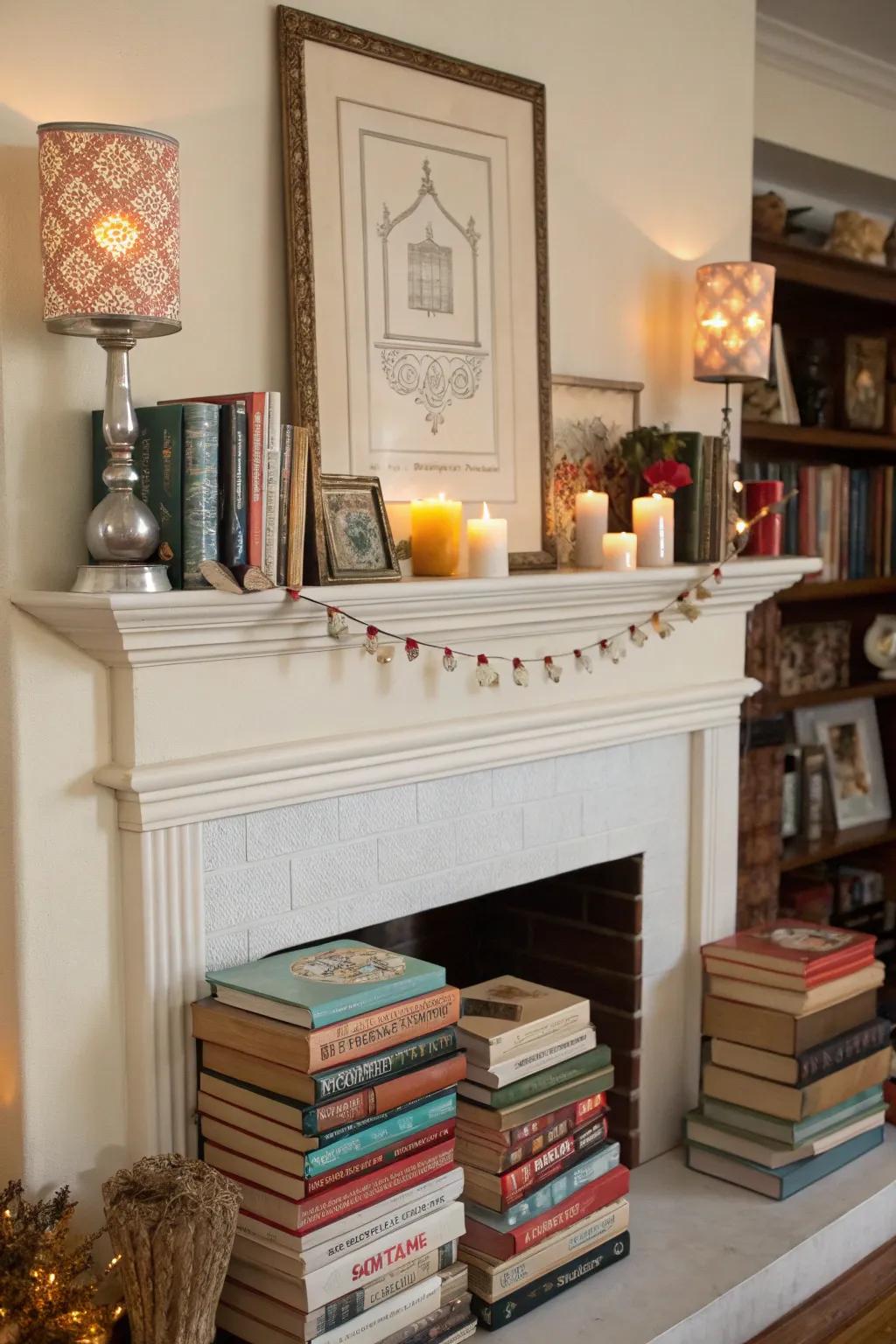Books add warmth and personality to a mantel.