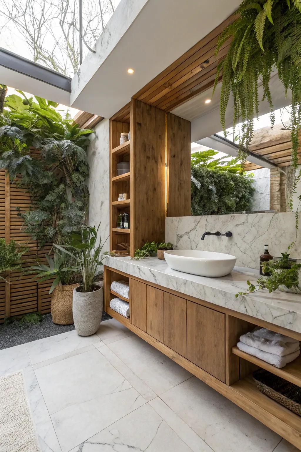 Natural items such as wood and plants enhance the marble's coolness.