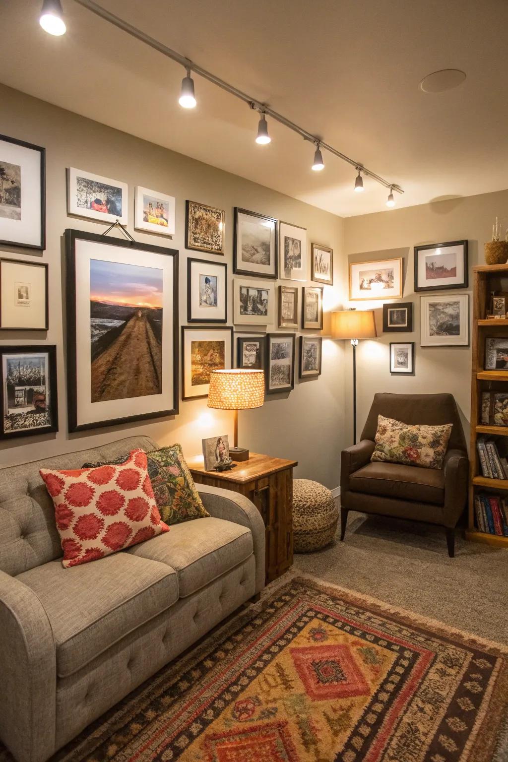 A picture wall adds personal flair to the den.
