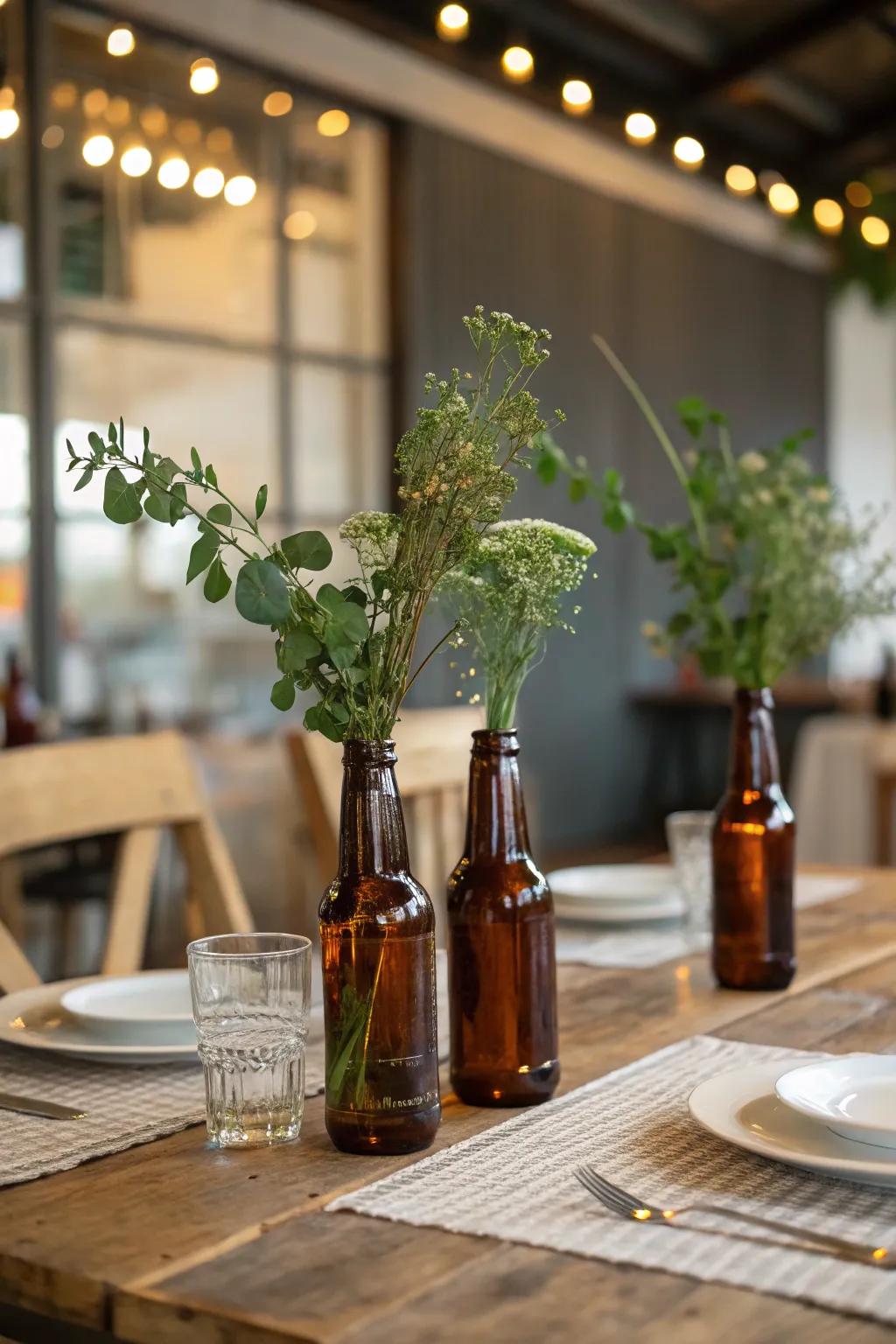 Incorporate a relaxed touch with beer bottles made into vases.