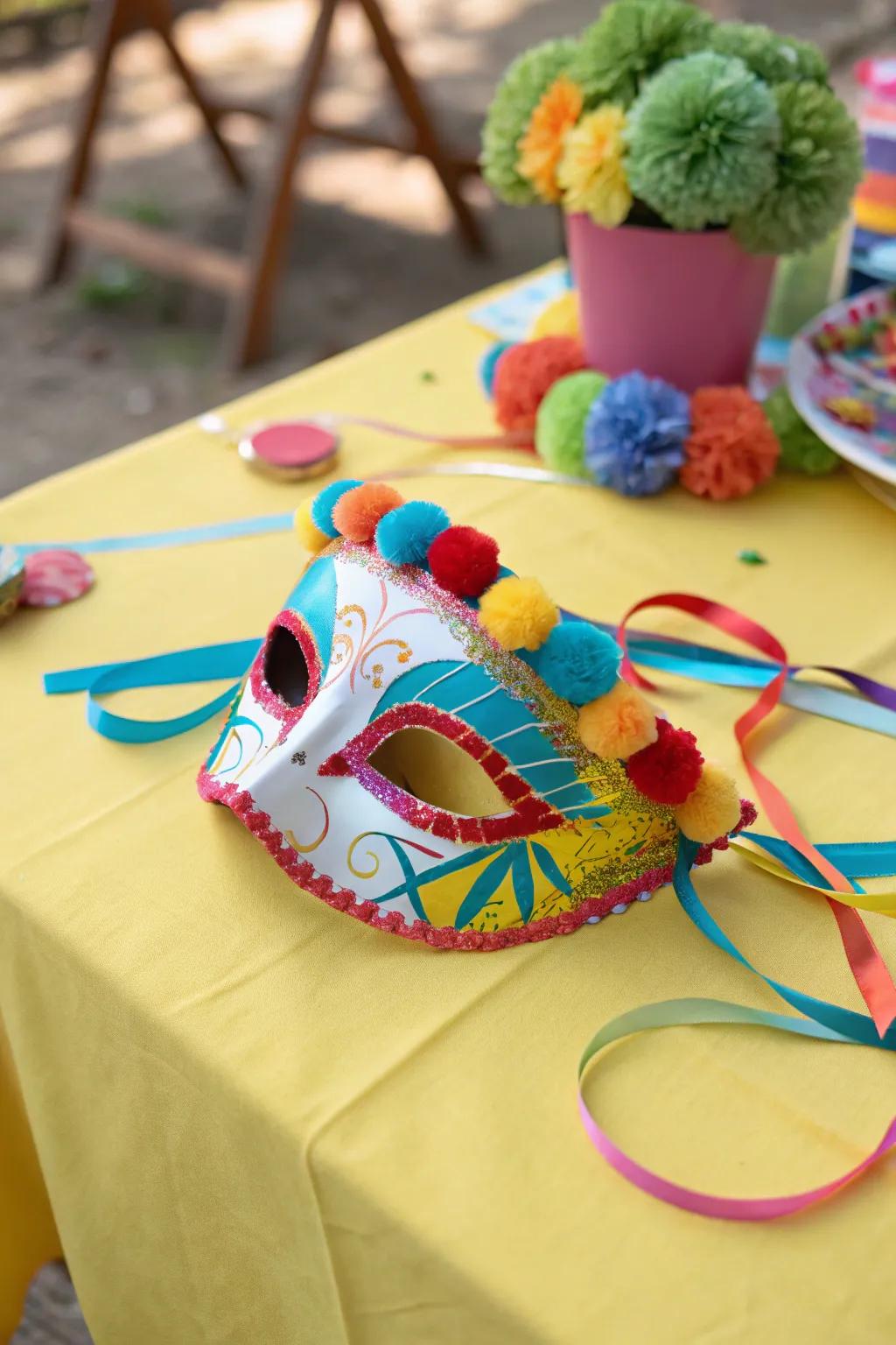 Fuzzy balls and stripes for a cheerful and spirited mask layout.