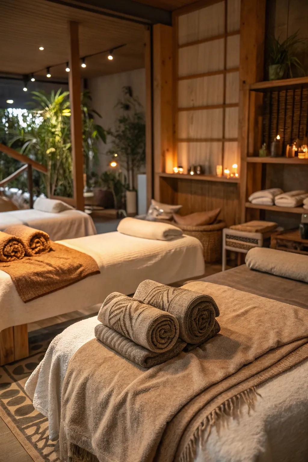 A massage room featuring a mix of soft textiles and materials.
