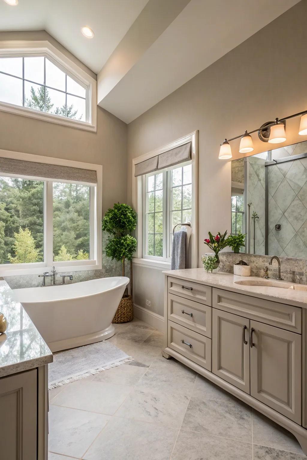 Subdued tones establish a relaxing and timeless atmosphere within this primary bathroom.
