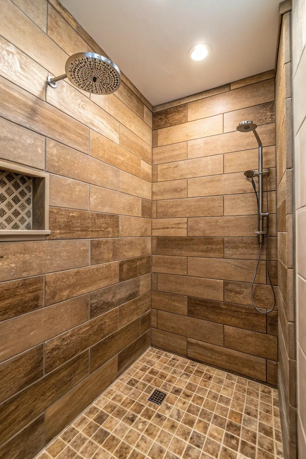 A shower styled with wood-inspired tiling for a comfortable, welcoming feel.
