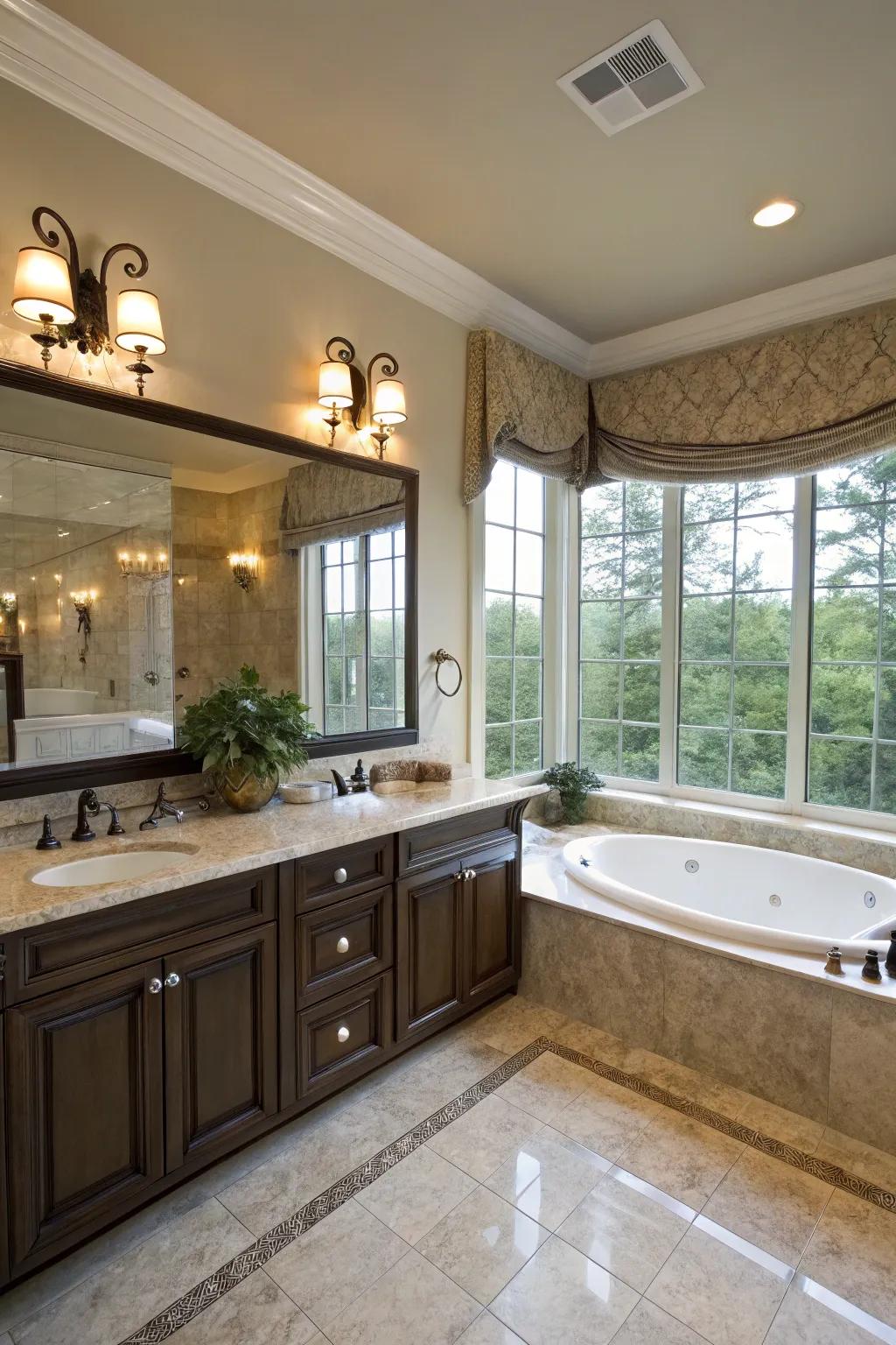 The design around the whirlpool tub is enhanced by coordinated counters.