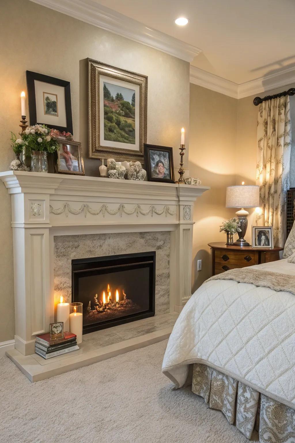 A decorated mantel above the fireplace displays personal items and seasonal decorations.
