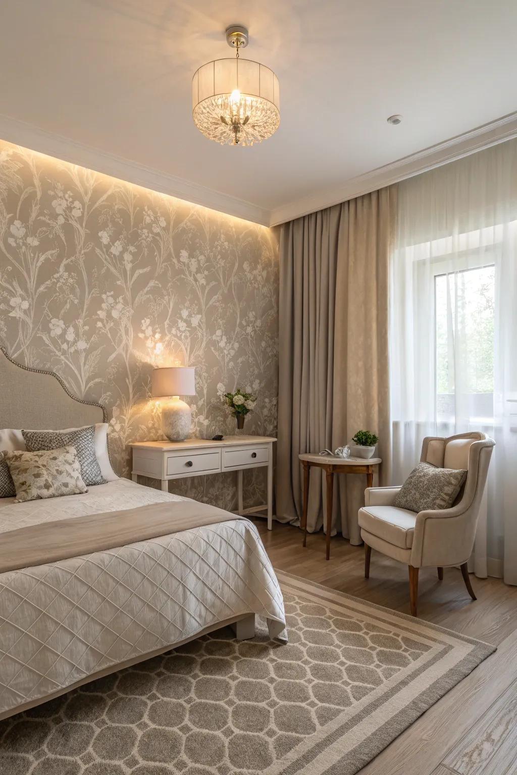 Similar shades wallpaper fashions a serene bedroom atmosphere.