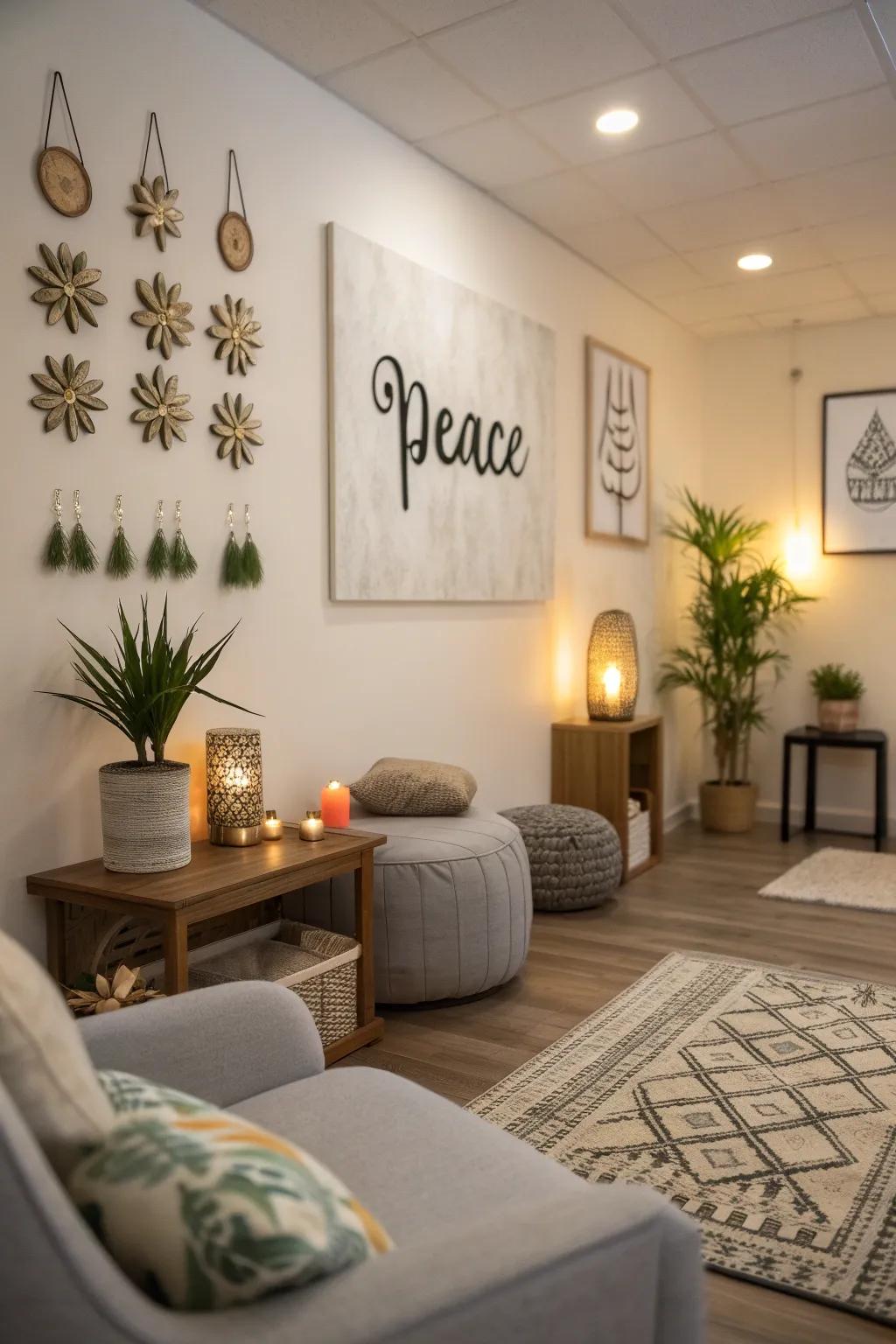 A meditation room with inspiring wall art and quotes.