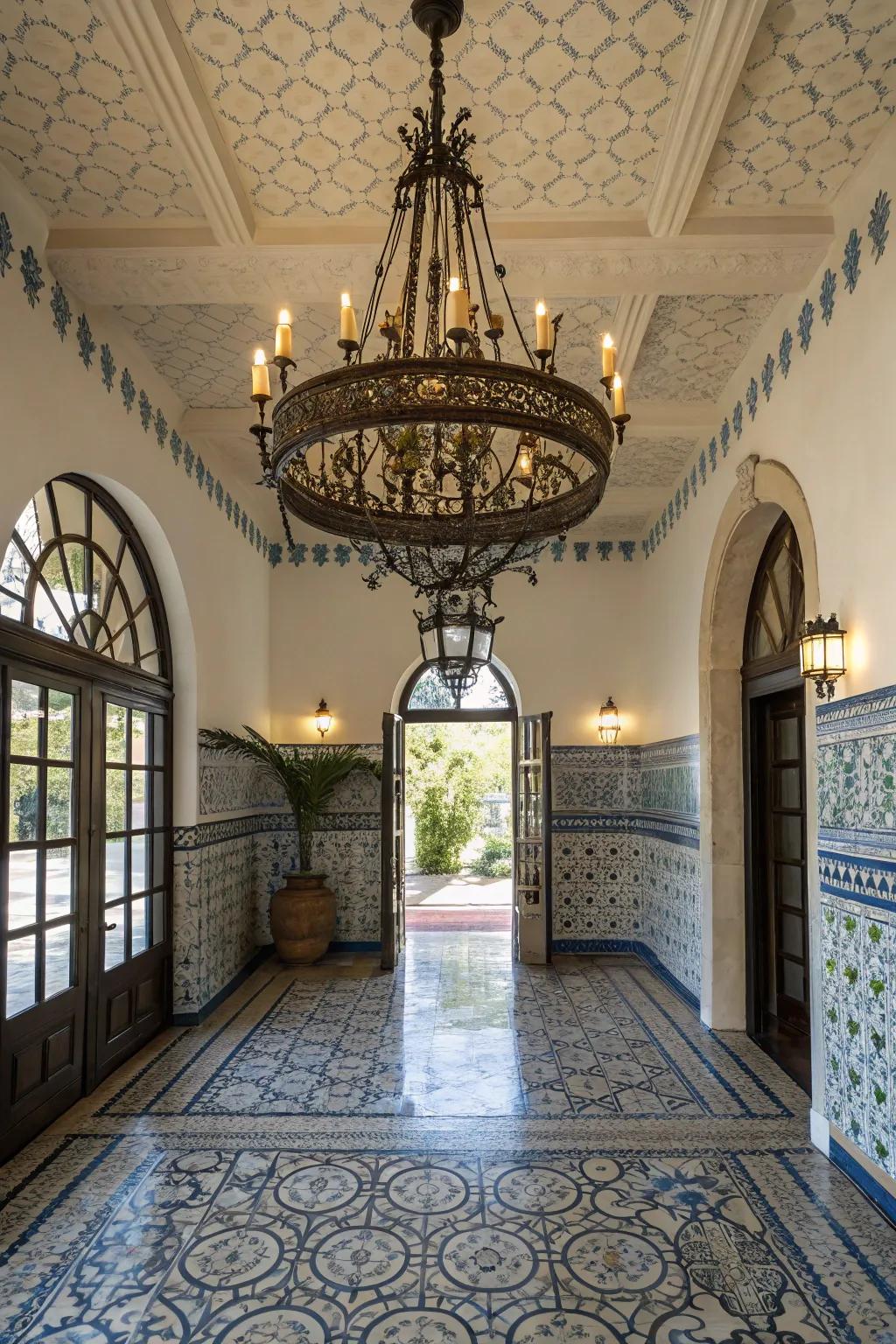 A statement chandelier elevates the luxurious feel of a Mediterranean entryway.