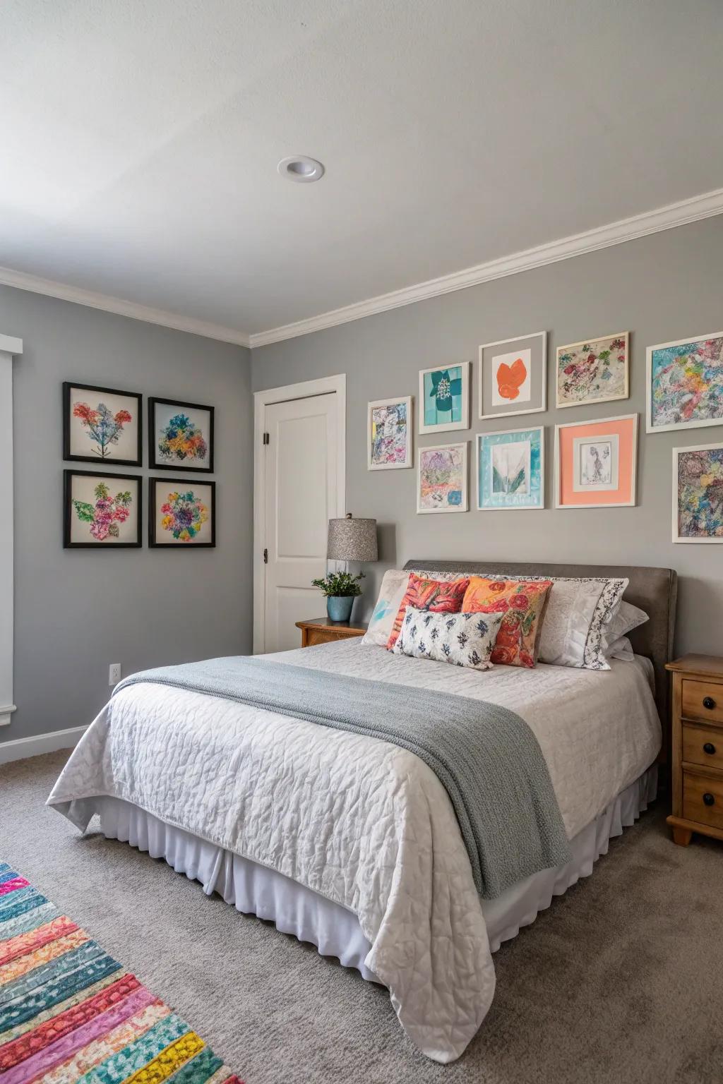 Gentle gray serves as a soothing canvas for vibrant elements.