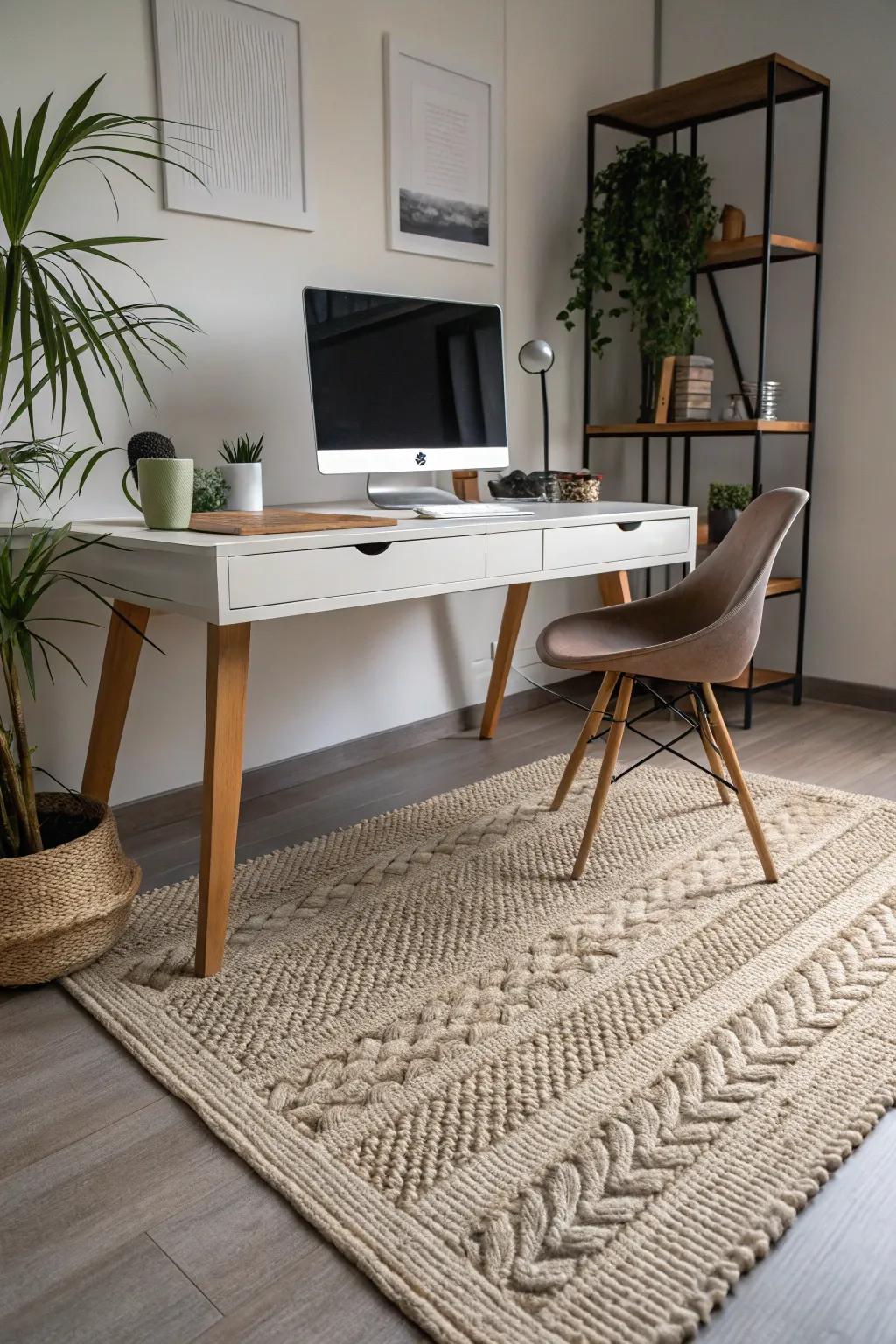 Layered rugs add dimension and warmth to your office floor.
