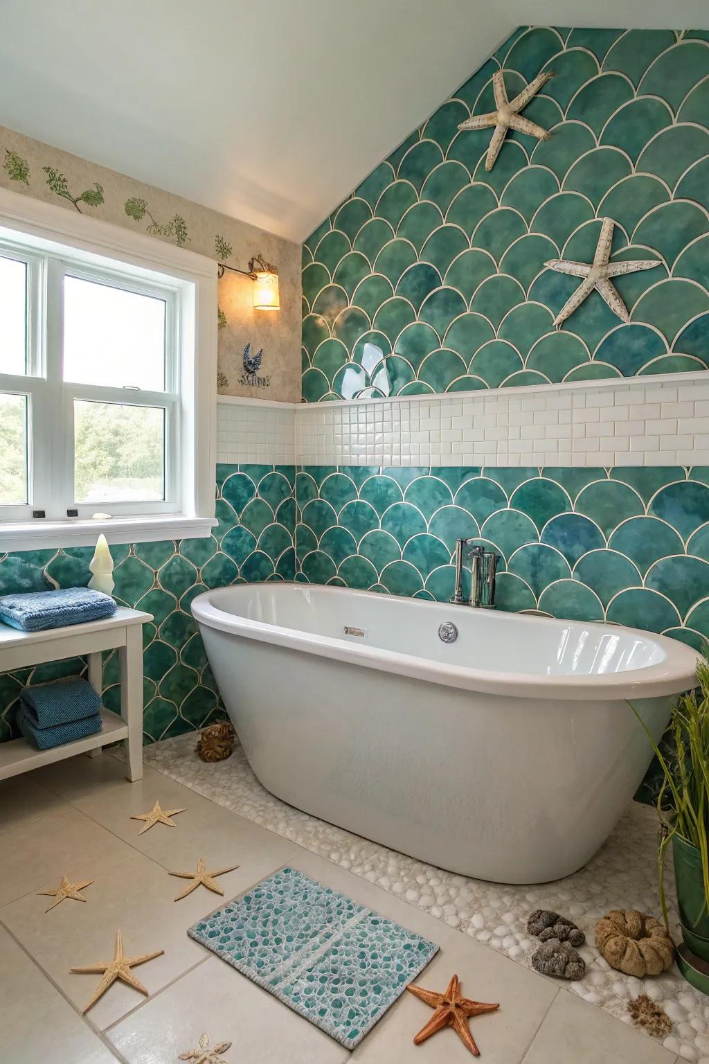 A detached bathing tub evolves into a centerpiece in a mermaid-themed retreat.