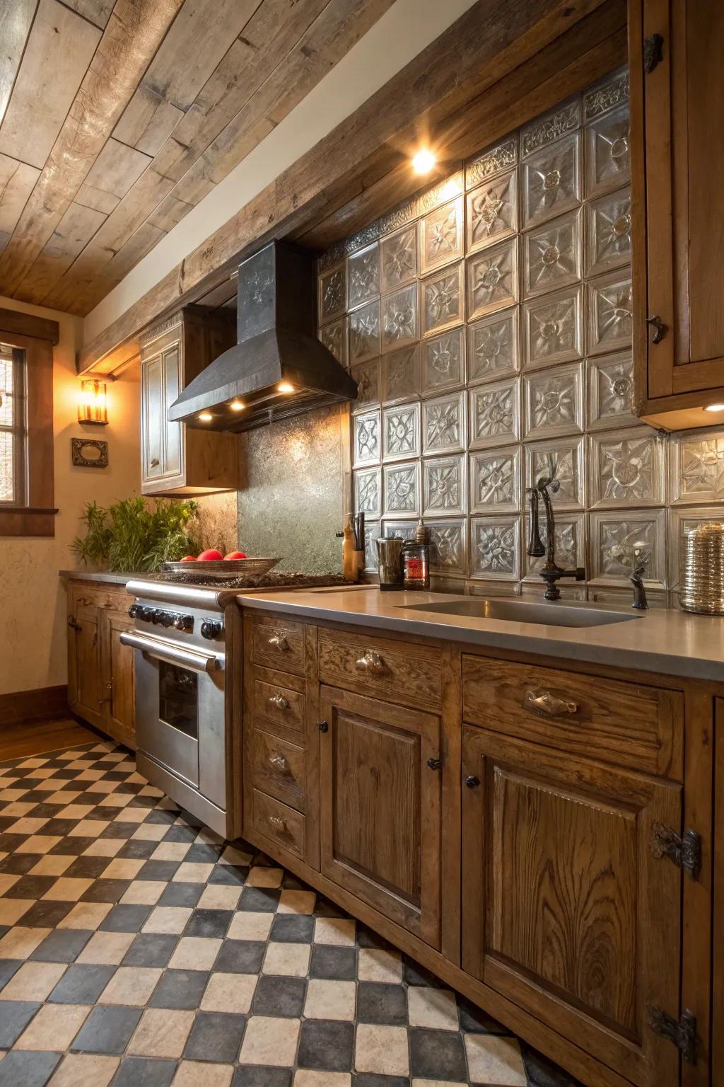 A rustic kitchen displaying a tin metallic backsplash.